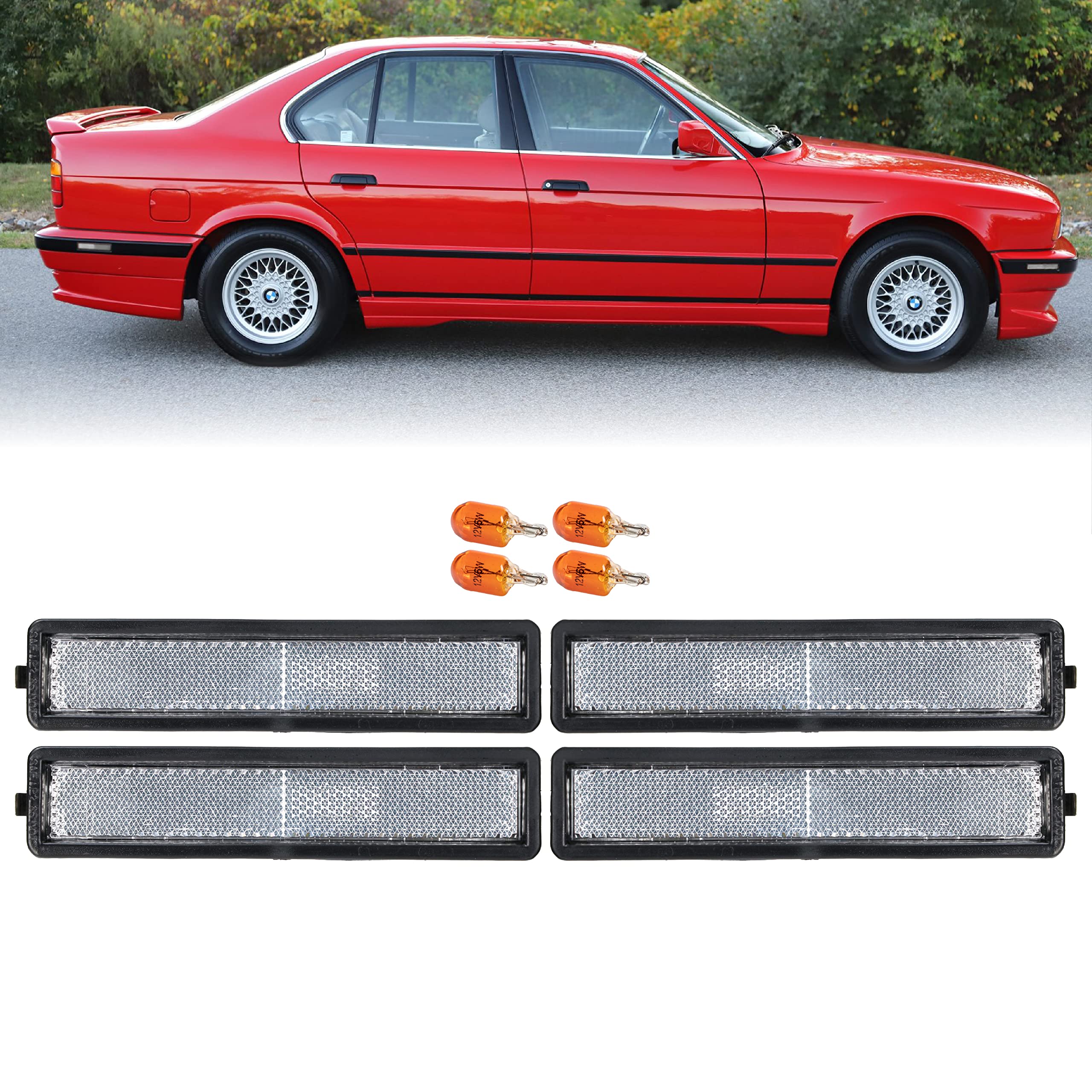 Depo E30 Side Marker Lights - Euro Clear Front And Rear Bumper Sidemarkers Lamps Compatible With 1984-1991 Bmw E30 3 Series / 88-94 E32 7 Series / 89-96 E34 5 Series (Clear Lens, 4 Pieces /Set)