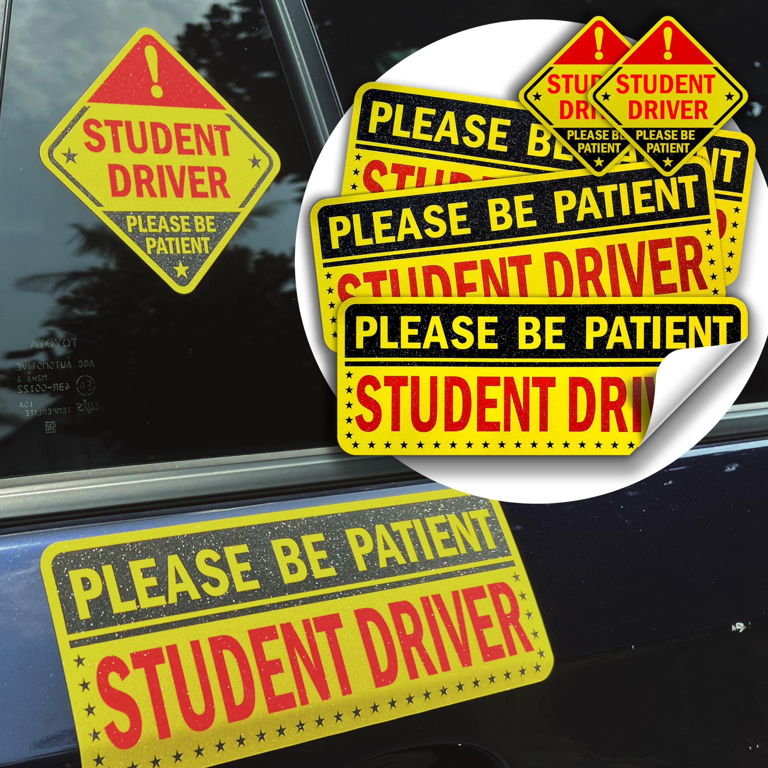 5Pcs Student Driver Sticker (Non-Magnet) - Reusable, Reflective 'Please Be Patient' Signs For Car Bumper, Paint & Windows, Scrat