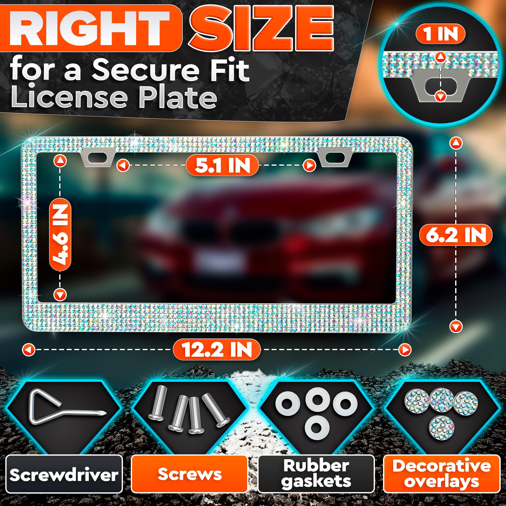 2 Pack Bling License Plate Frames for Women - Sparkling Rhinestone License Plate Frame (12.16'' x 6.18'') with Screws & Caps for