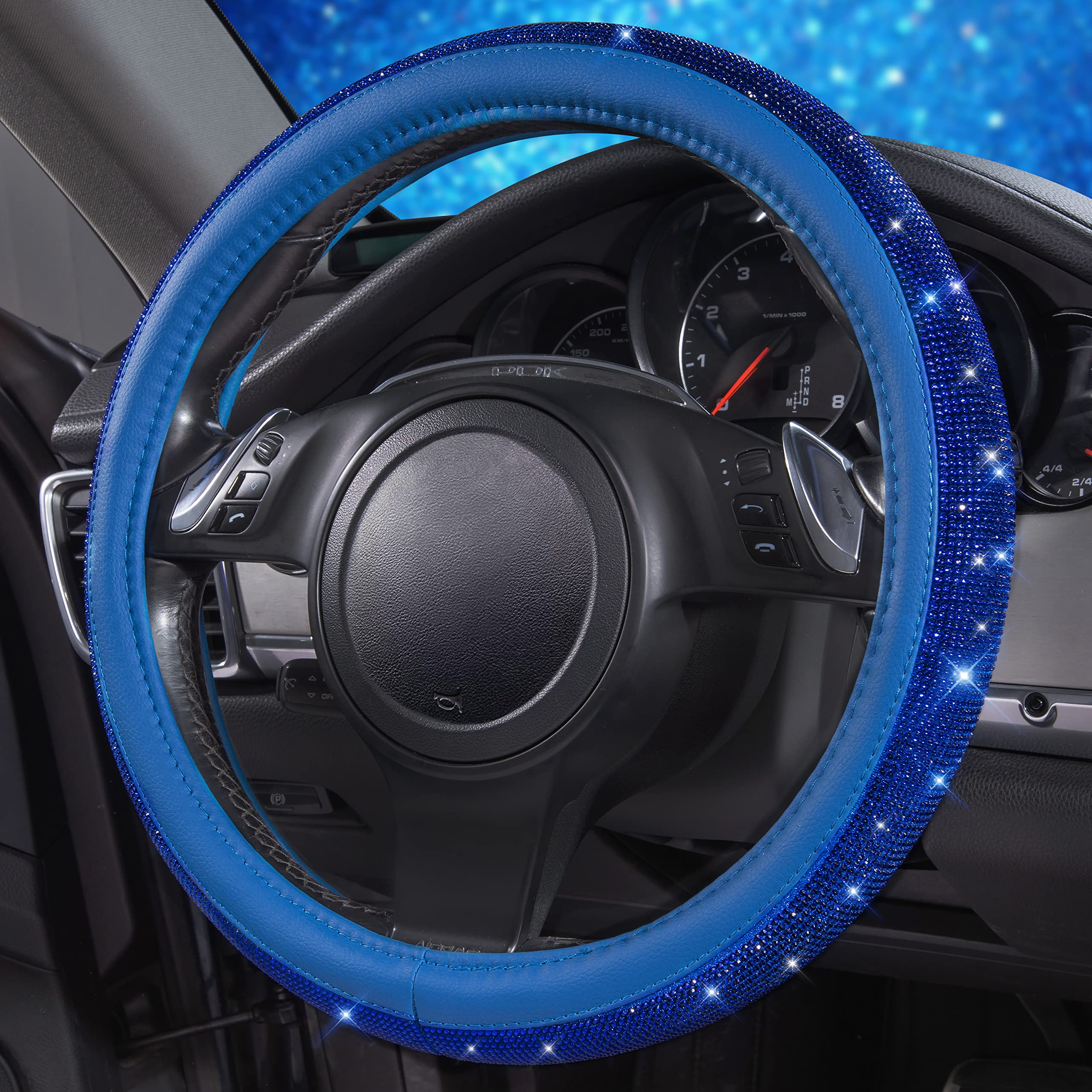 Car Pass Bling Diamond Leather Steering Wheel Cover, With Bling Sparkly Crystal Glitter Rhinestones Universal Fit 14 1/2-15 Car Wheel Protect For Women Girl Fit Suvs,Vans,Sedans,Cars,Trucks, Blue