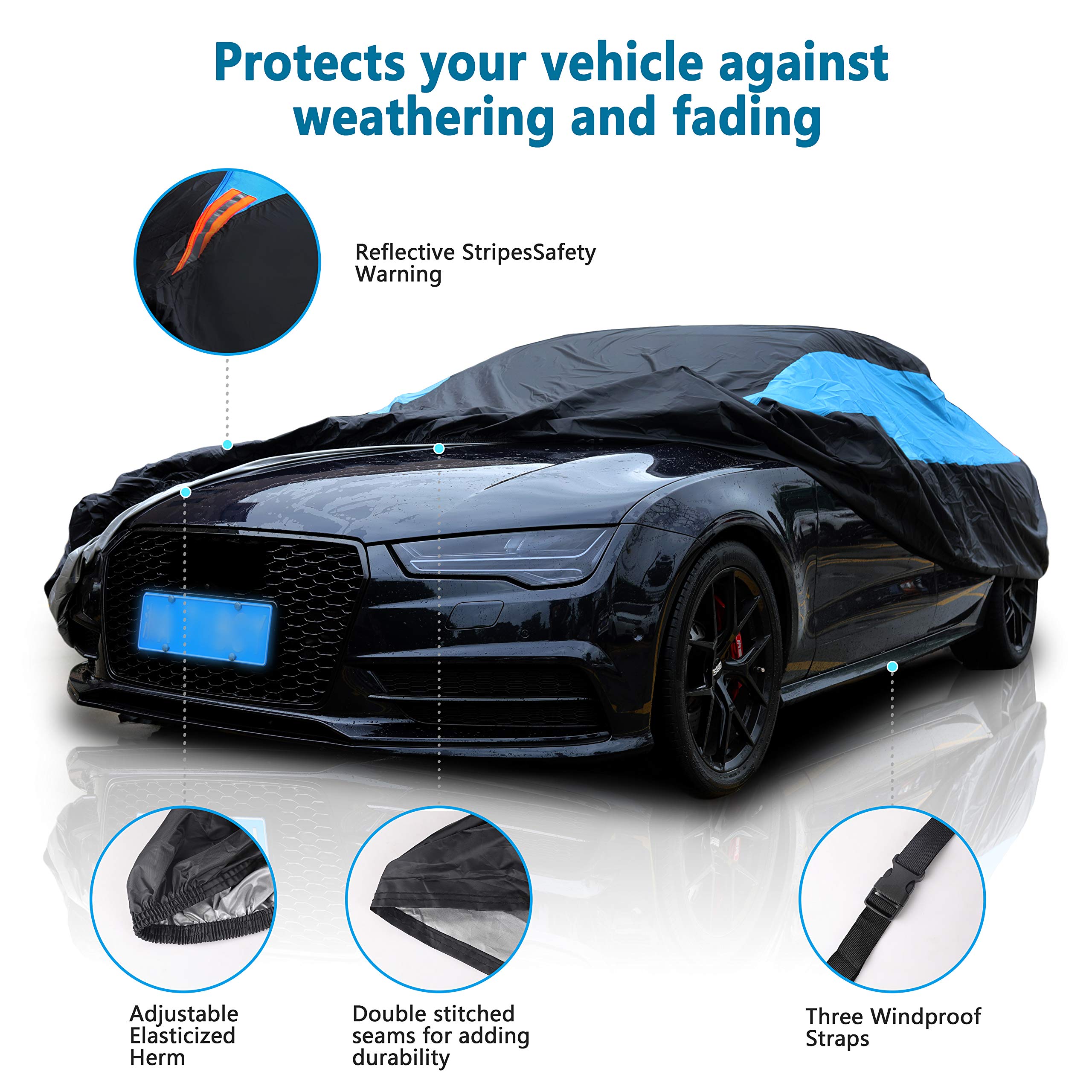 MORNYRAY Waterproof Car Cover, All Weather UV Protection, Windproof, Fits Sedan 194-206 inch, Blue