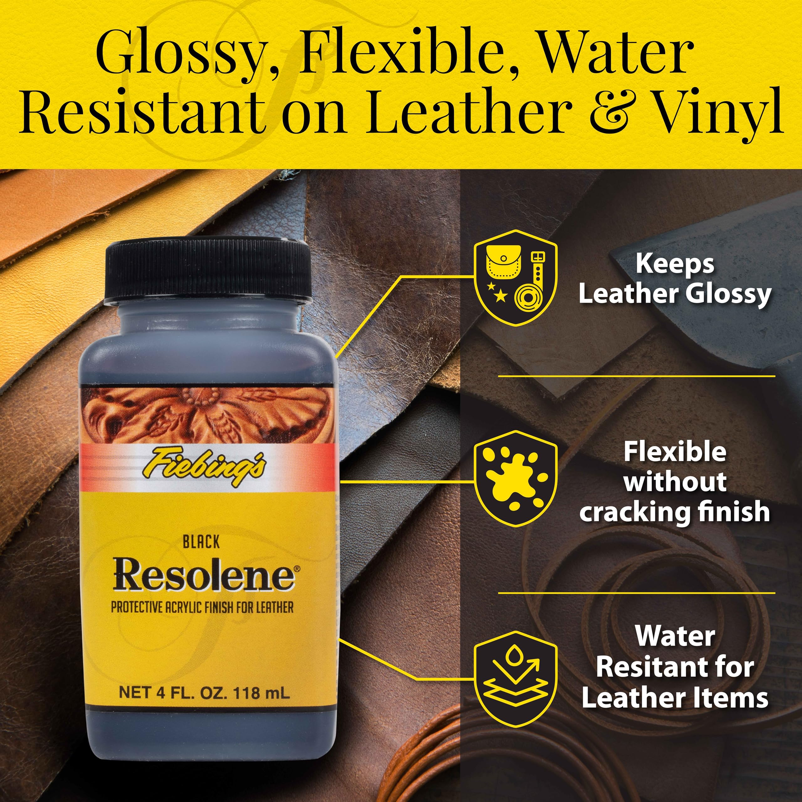 Fiebing 'S Acrylic Resolene (4 Ounce, Black) - Protective Acrylic Leather Finisher - Flexible, Water Resistant Top Coat For Dyed