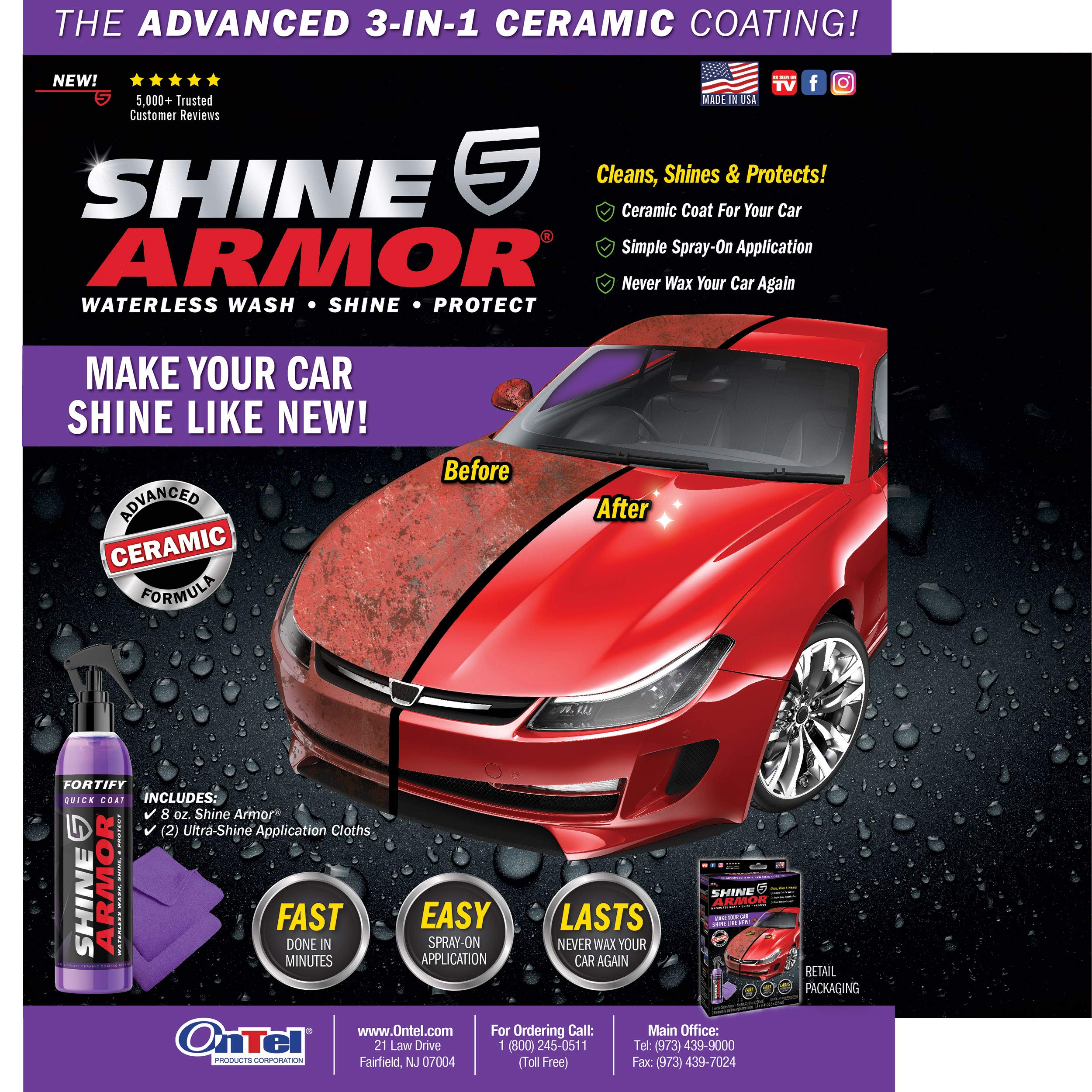Shine Armor Fortify Quick Coat High Performance Ceramic Coating, Car Wax Spray, Hydrophobic Top Coat Polish And Polymer Paint Sealant Protection For Vehicle Leather Seat, Tires, Bumpers, Rims Made In
