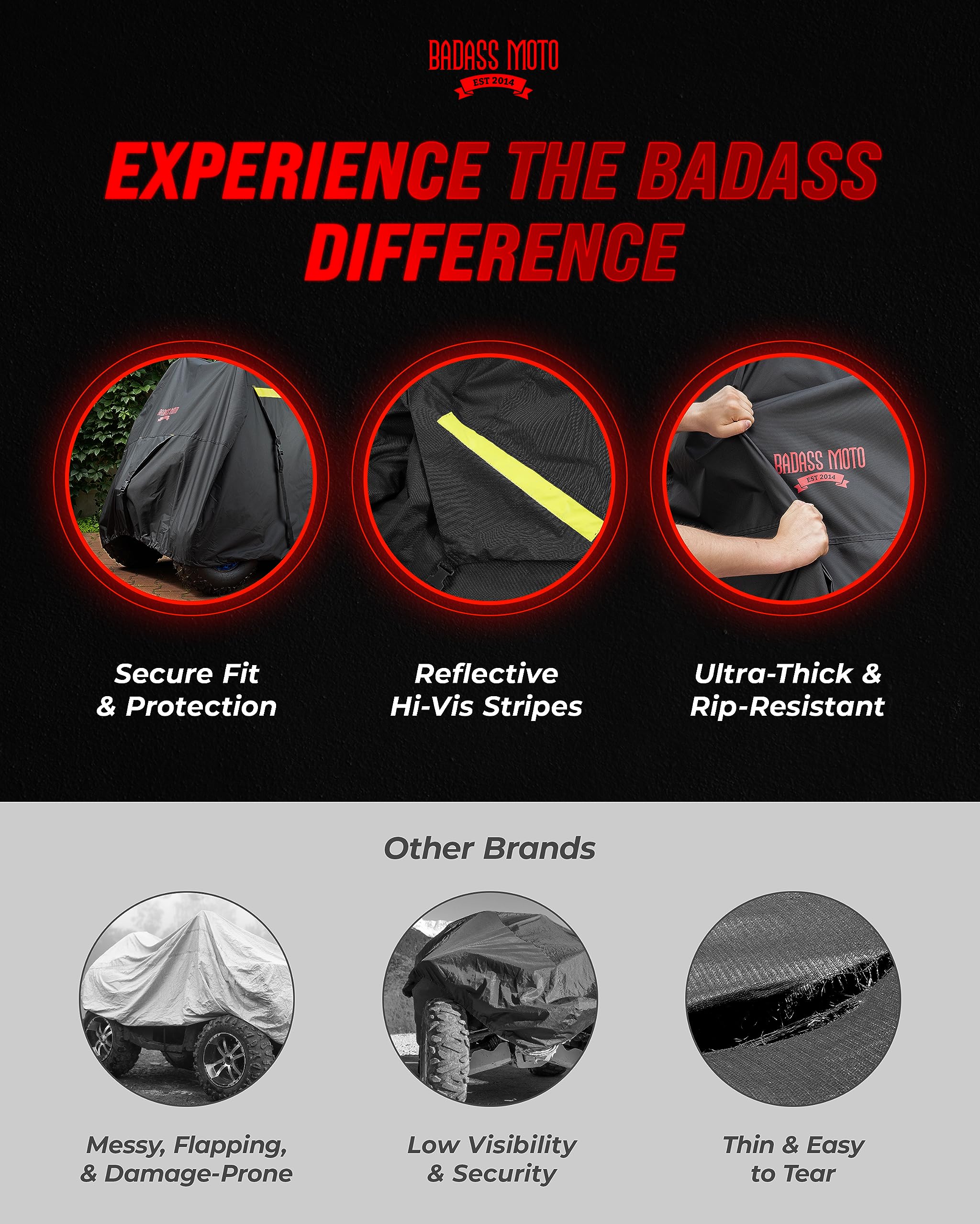 Badass Moto Heavy Duty Triple Waterproof 4 Wheeler Cover - Rip Resistant Night Reflective Quad Four Wheeler ATV Cover with Advan