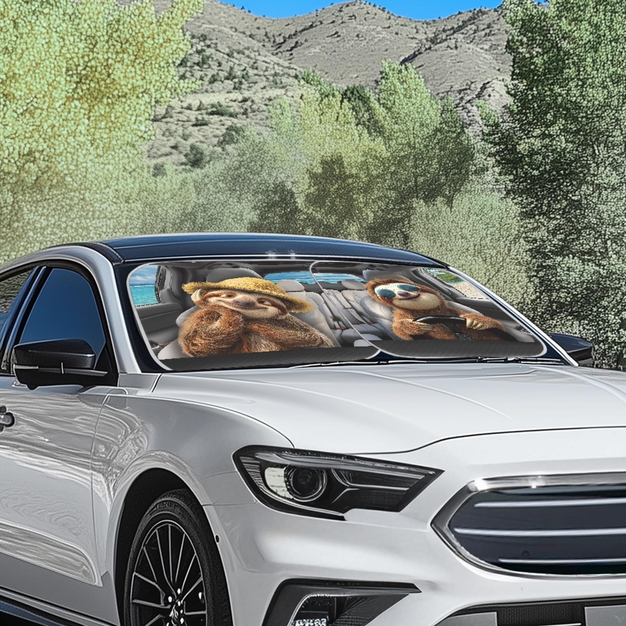 Huisefor Sloth Car Windshield Sunshade 2 Piece Funny Windshield Cover For Summer Heat Resistant Car Sun Visor For Suv Vehicle Se