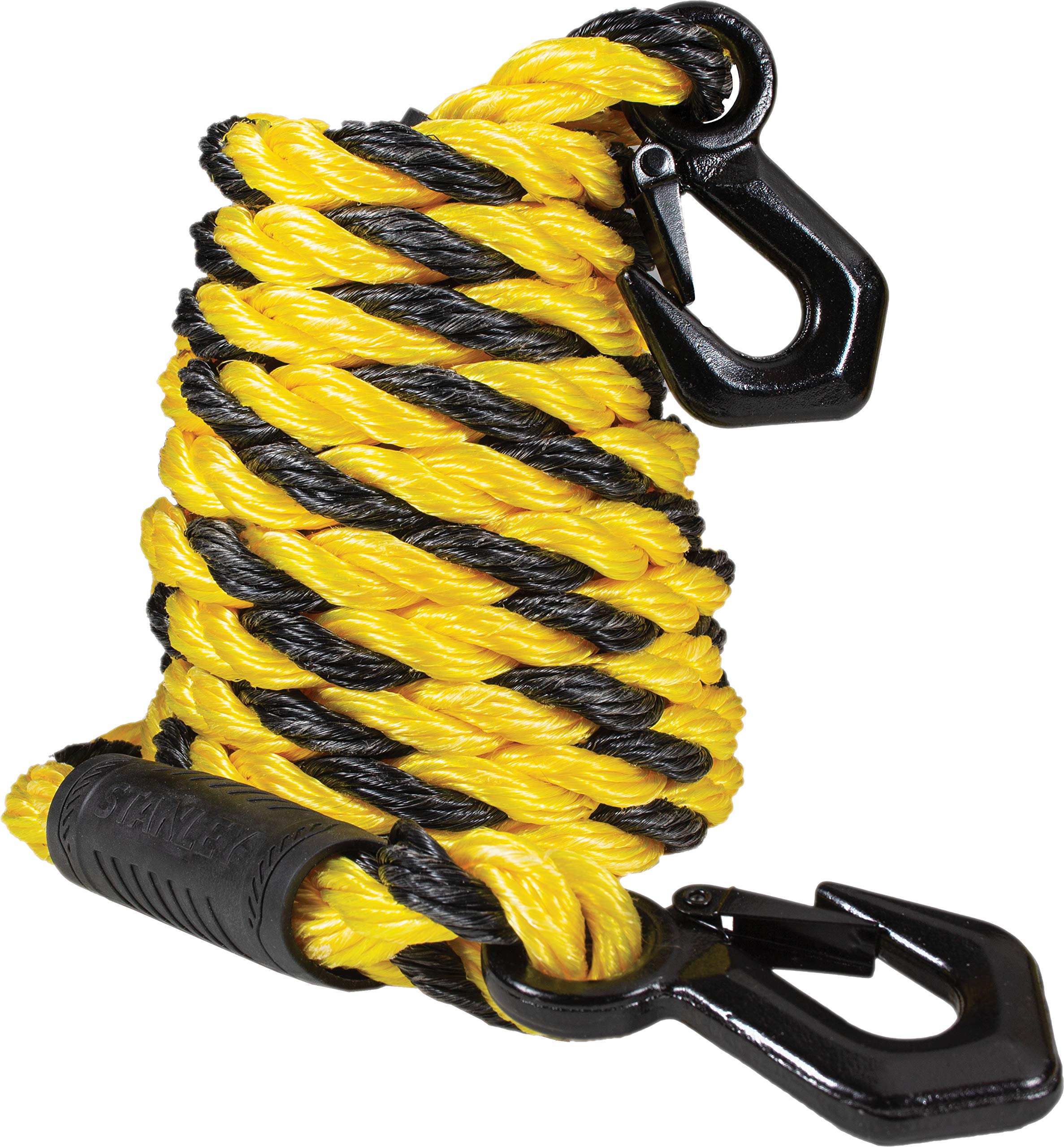 Stanley S1052 Black/Yellow 5/8'' X 15' Poly-Blend Braided Tow Rope With Heavy Duty Black Tri-Hooks - 2,400 Lb Safe Working Load