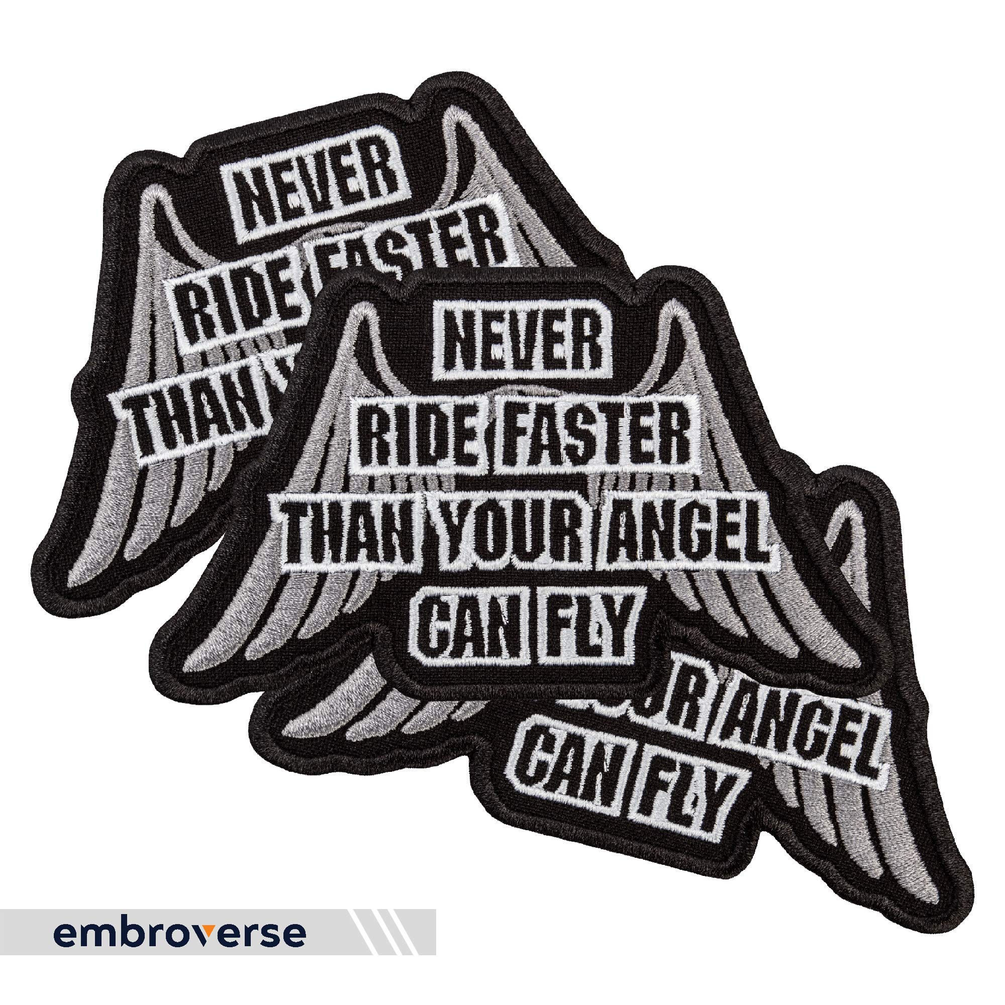 Embroverse Embroidered Motorcycle Jacket Patch, Never Ride Faster Than Your Angel Can Fly, Sew Or Iron On For Backpacks, Saddleb