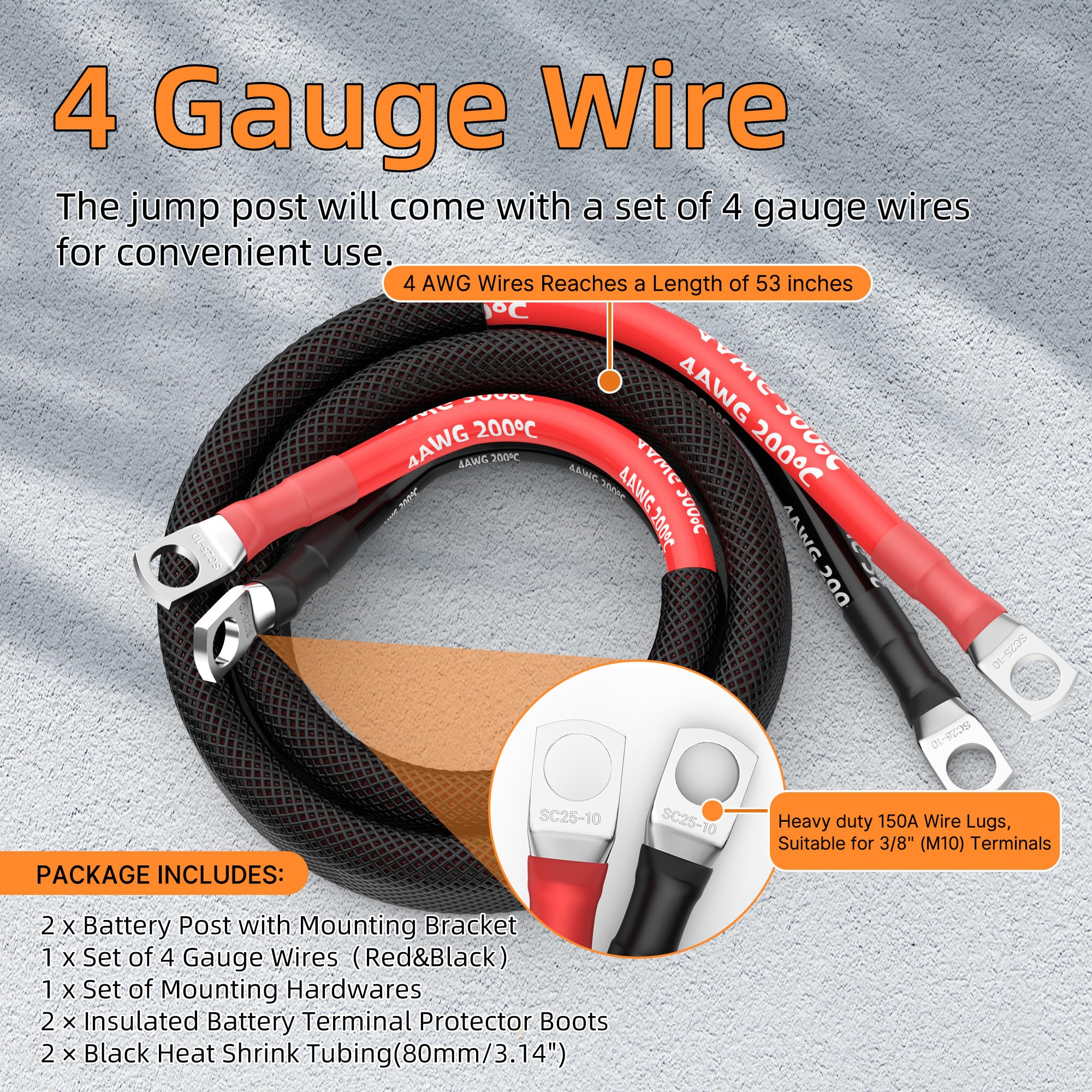 Joinfworld Remote Battery Terminals 3/8'' Stud Battery Jump Post With Heavy Duty Mounting Bracket 250A Battery Charging Post Kit