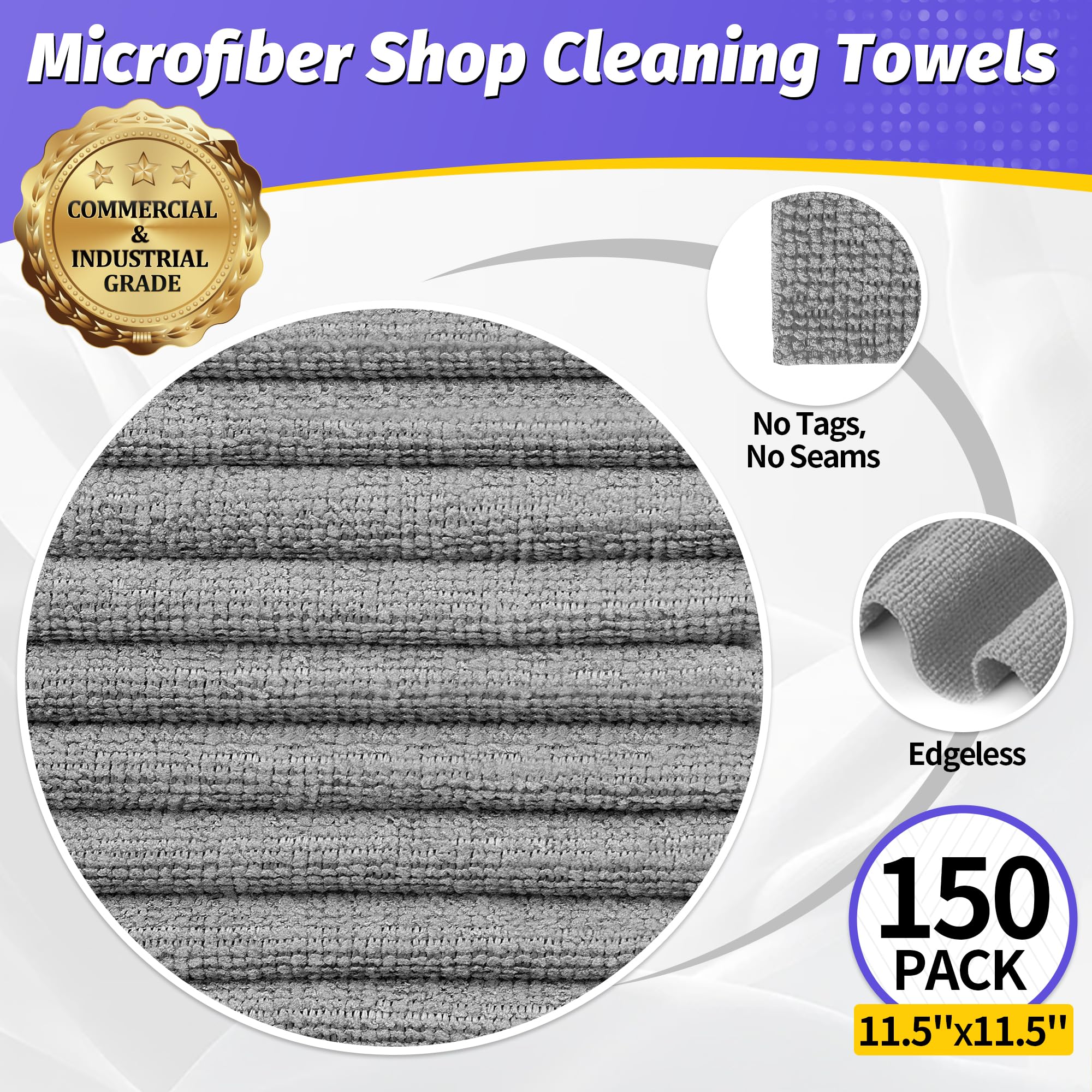 Homerhyme Microfiber Cleaning Cloth,150 Pack Grey Cleaning Rags, Bulk All-Purpose Lint-Free Shop Towels Wipes, Commercial Micro