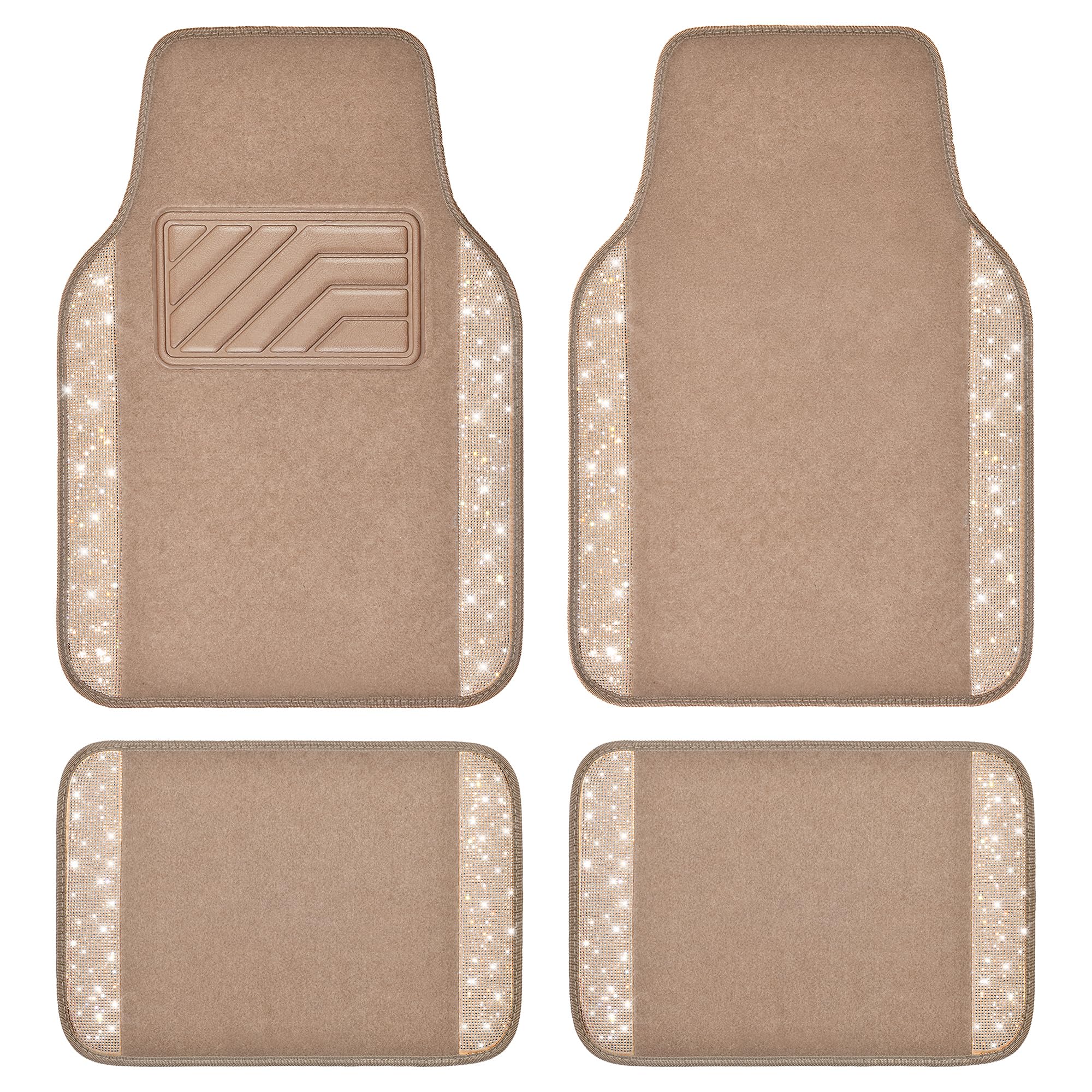 Car Pass Bling Car Mats Shining Diamond Carpet Crystal Rhinestones Sparkly Glitter Floor Mats With Anti-Slip Pvc Heel Pad Universal Fit For Automotive Suv, Sedan, Car, Van, 4Pcs For Girl Women, Beige