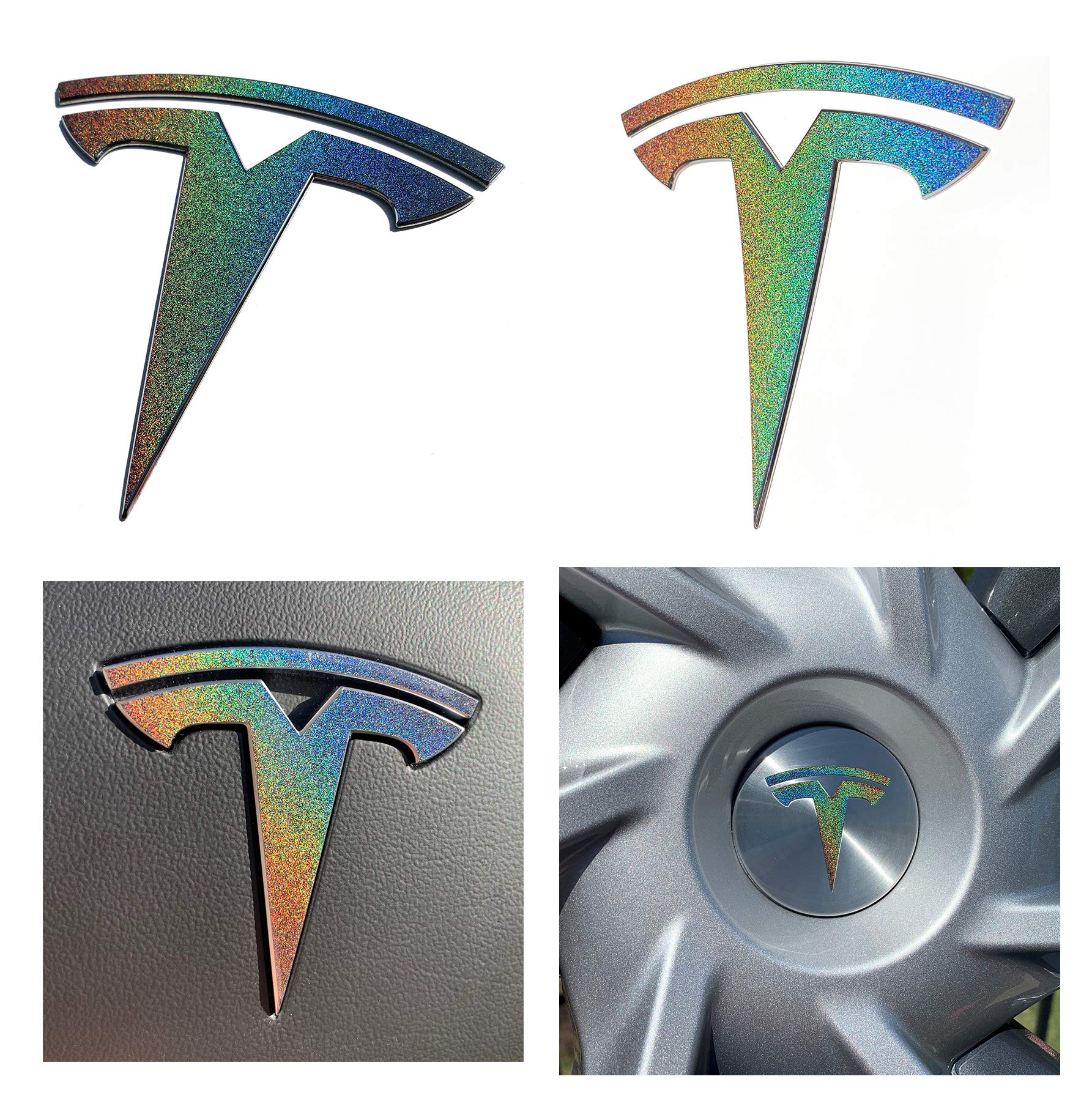 Logo Decal Wrap for Tesla Model Y, 11-pc Set (Gloss Flip Psychedelic - Silver/Rainbow)