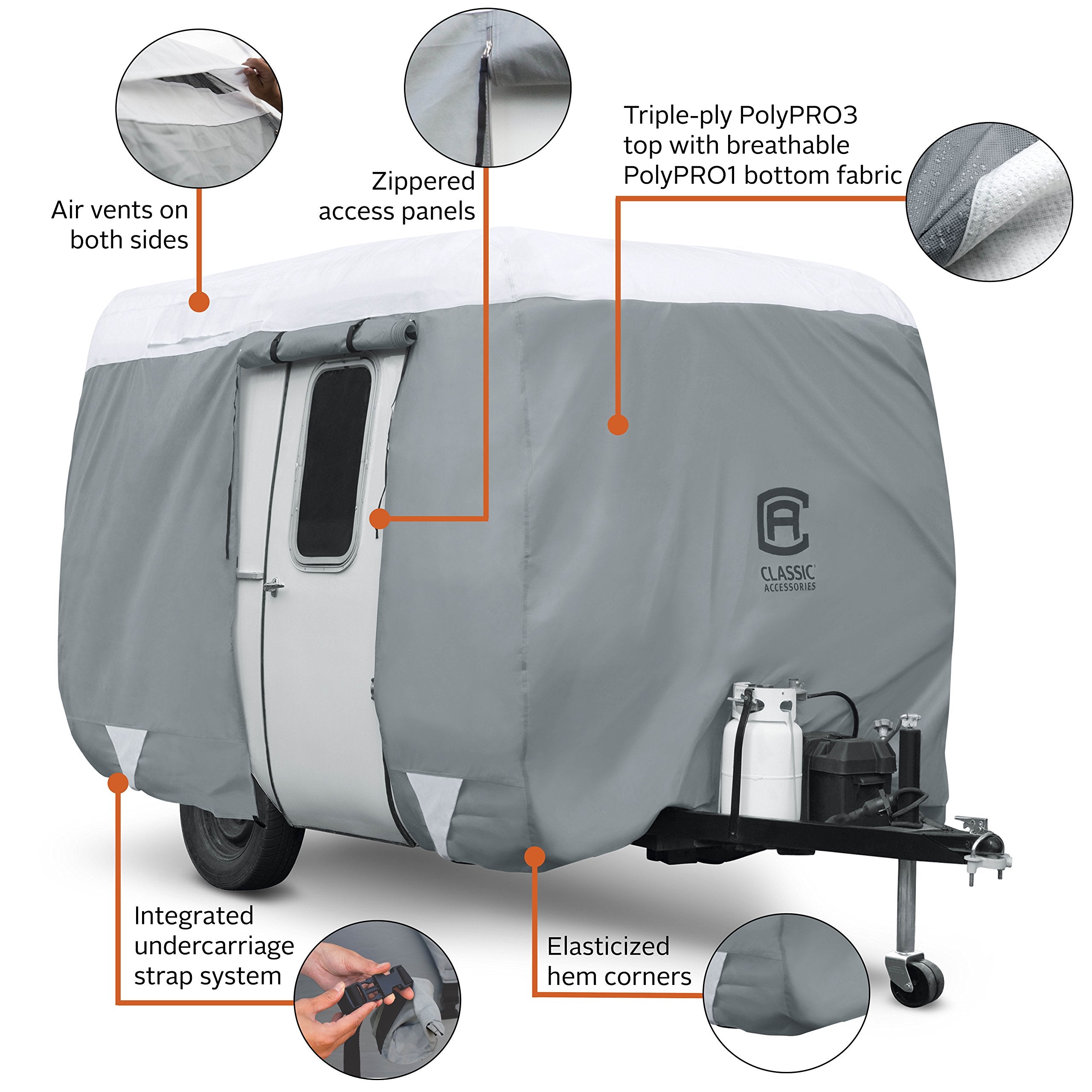 Classic Accessories Travel Trailer Cover, Fits 13' 1"-16' Trailers, Grey/Snow White, PolyPRO 3, Model 80-409-161001-RT