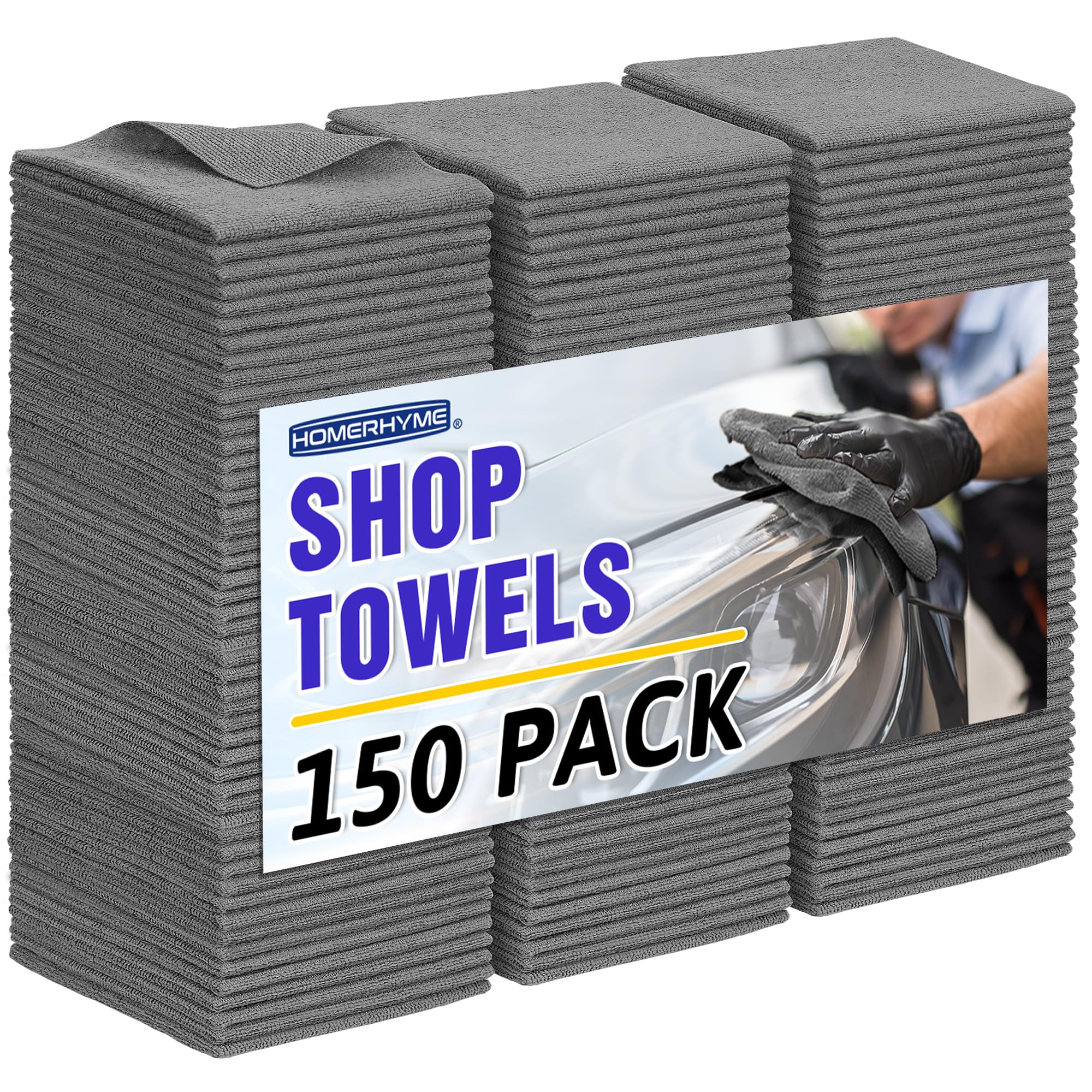 Homerhyme Microfiber Cleaning Cloth,150 Pack Grey Cleaning Rags, Bulk All-Purpose Lint-Free Shop Towels Wipes, Commercial Micro