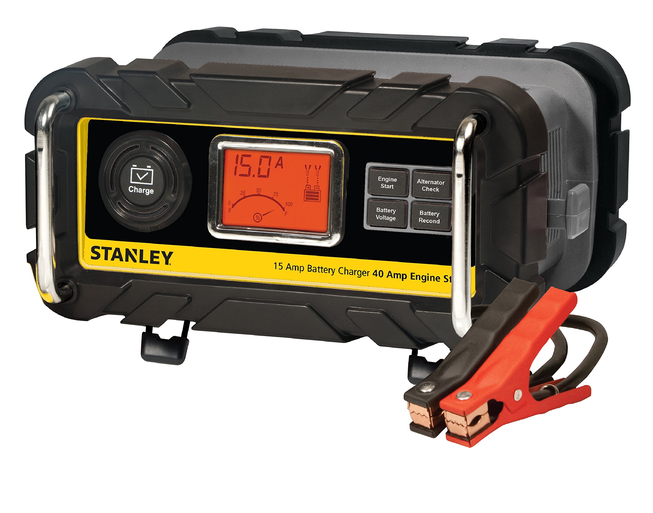 STANLEY BC15BS Fully Automatic 15 Amp 12V Bench Battery Charger/Maintainer with 40A Engine Start, Alternator Check, Cable Clamps