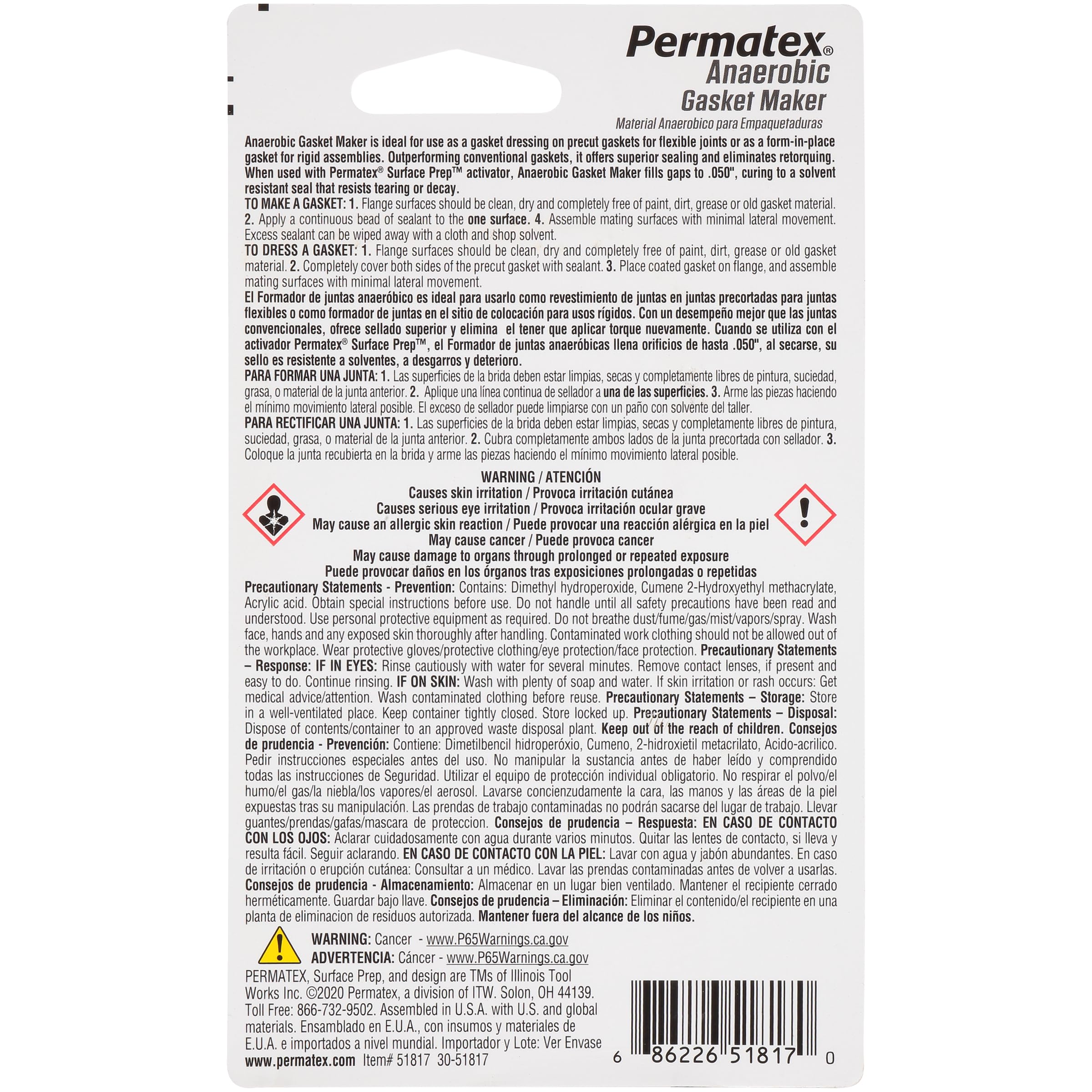 Permatex 51817 6ml Anaerobic Red Gasket Maker Tube Anaerobic with 1.13 Specific Gravity
