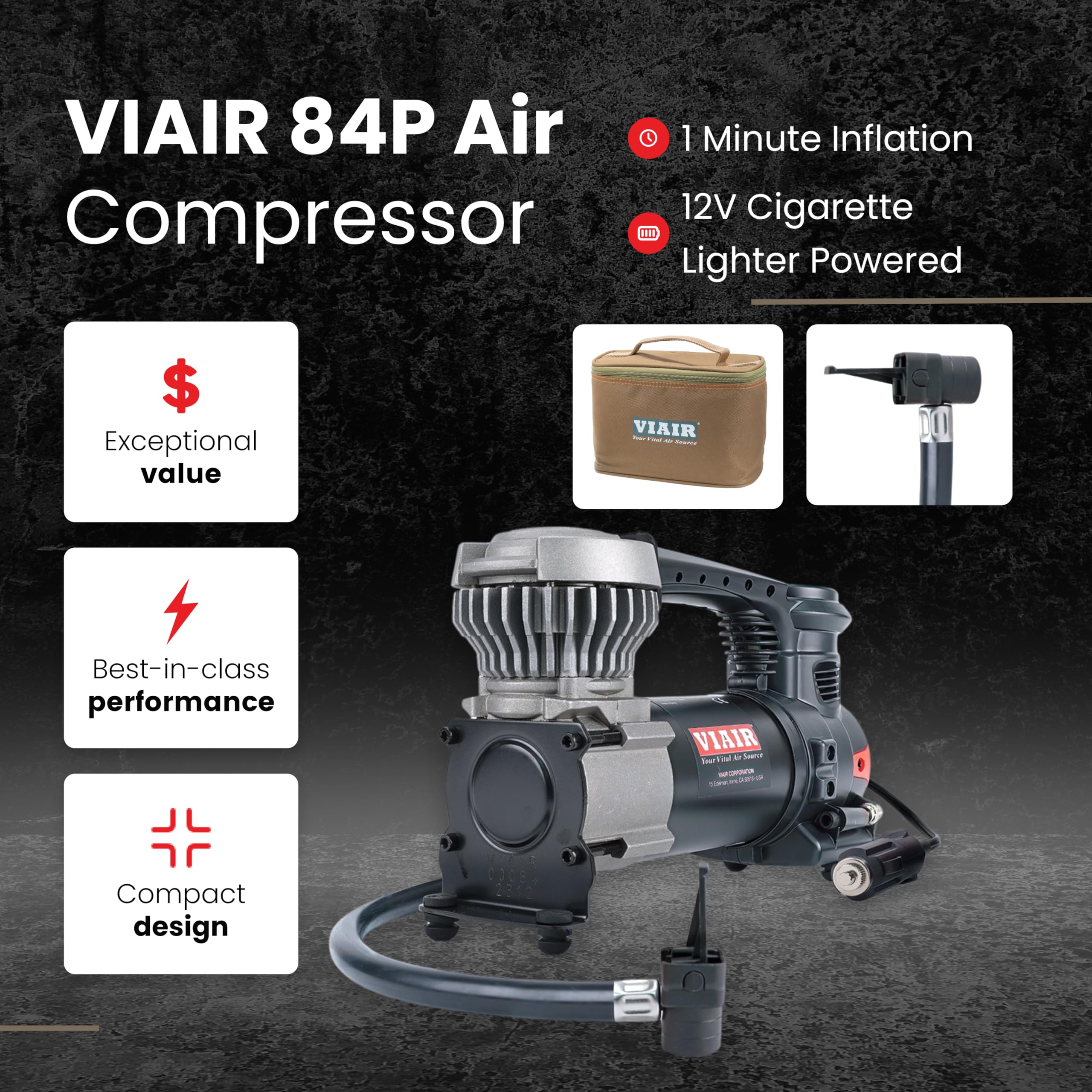 Viair 84P - 00084 Tire Inflator Portable Air Compressor For Car, Truck & Suv | 12V On/Offroad Heavy Duty Pump 60 Psi, Cigarette Plug, Press-On Chuck