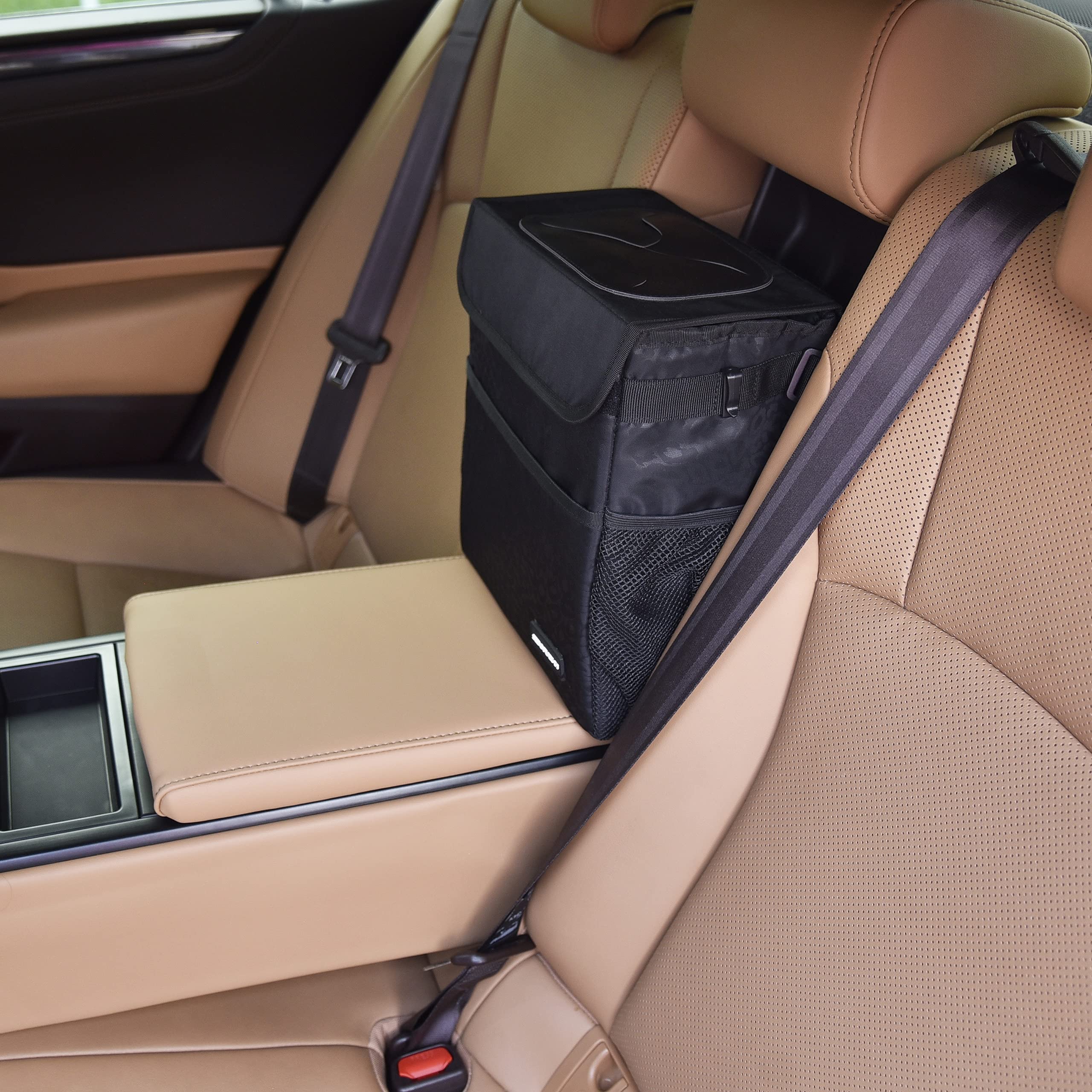 Sibofuego Cute Car Trash Can With Lid - Leak Proof Car Trash Bag Hanging Waterproof Car Garbage Can With Storage Pockets Multipurpose Collapsible Car Organizer, 2.5 Gallons (Black Leopard)