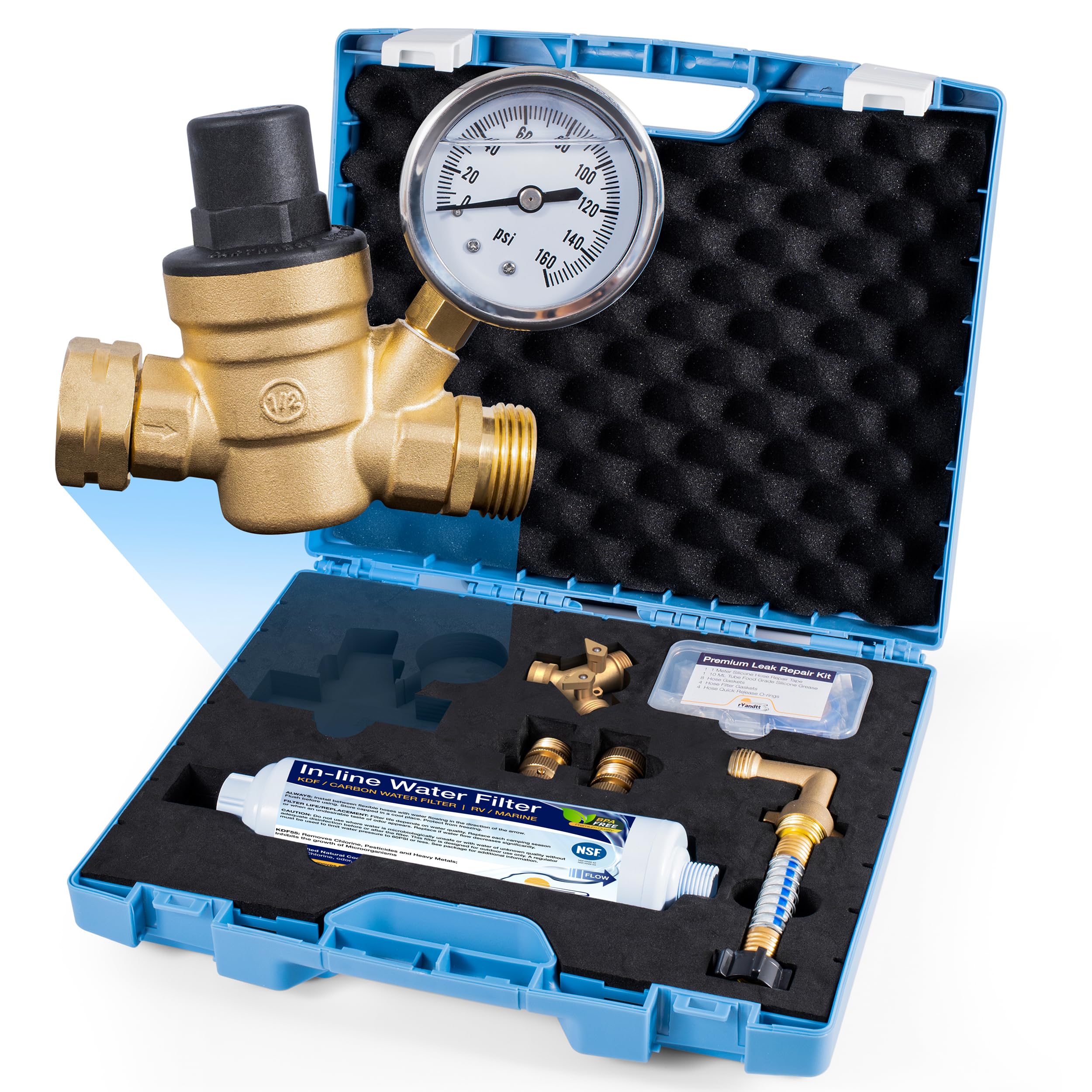 rVandtt RV Fresh Water Kit - RV Water Pressure Regulator, Inline Water Filter, Hose Splitter, Brass Elbow, Flexible Connector, H