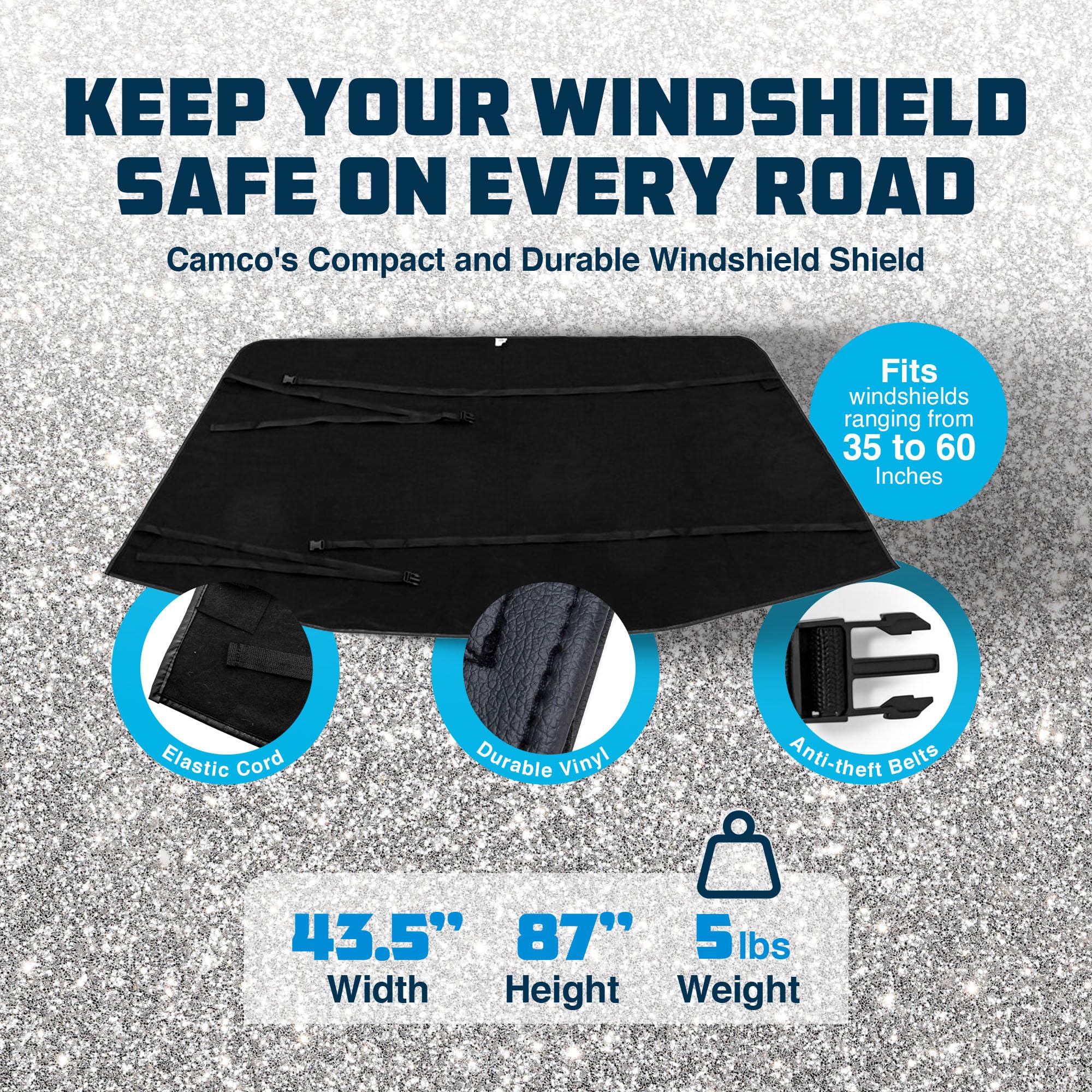 Camco Durable Compact Universal On The Go Vinyl Rv Tow Car Windshield Protector From Chips And Cracks With Tool Free Installation, Black