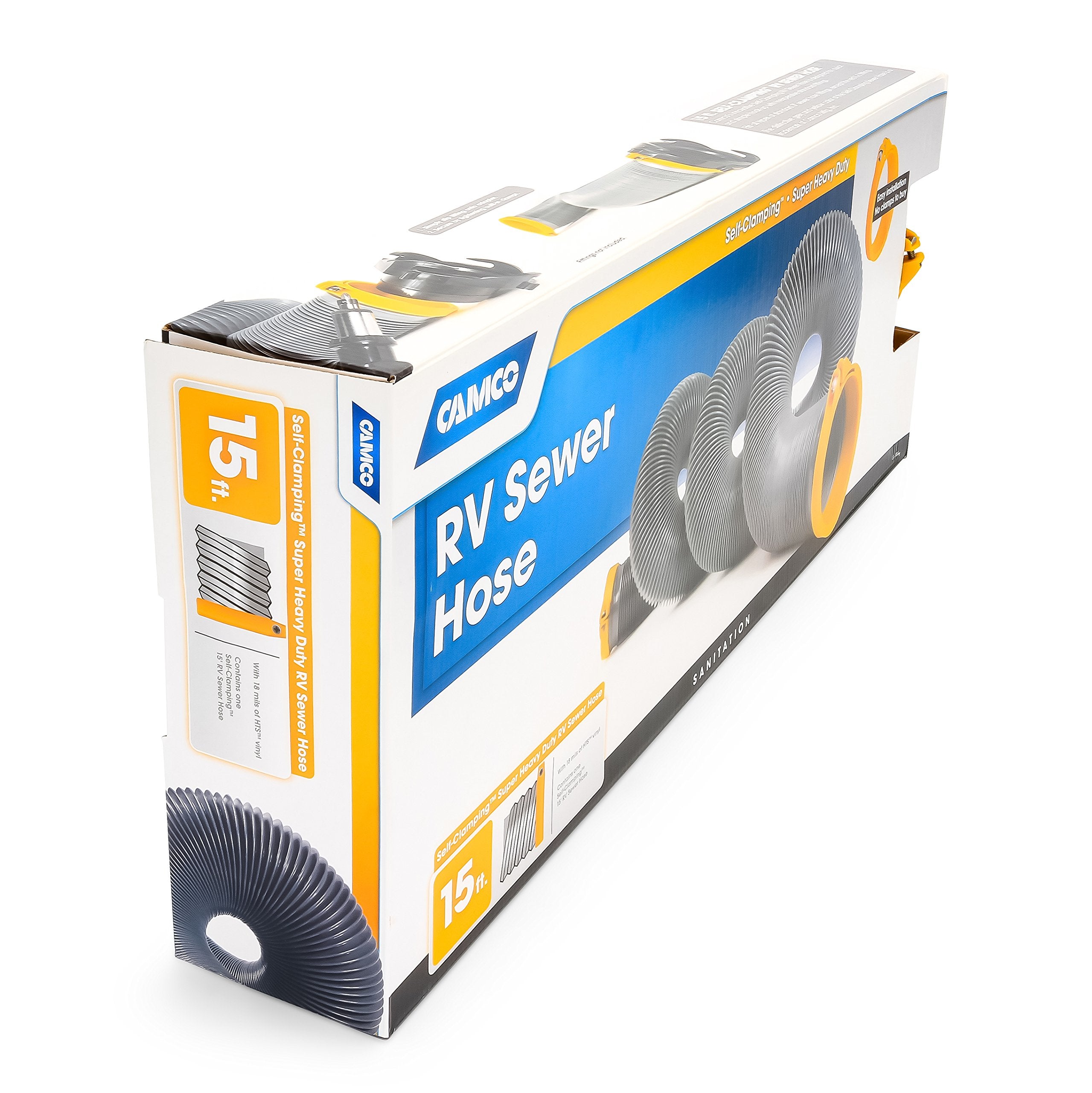 Camco Durable High Tensile Strength Vinyl Sewer Hose With Steel Wire Core And Self Clamping Fittings - 15 Hose, Great For Year R