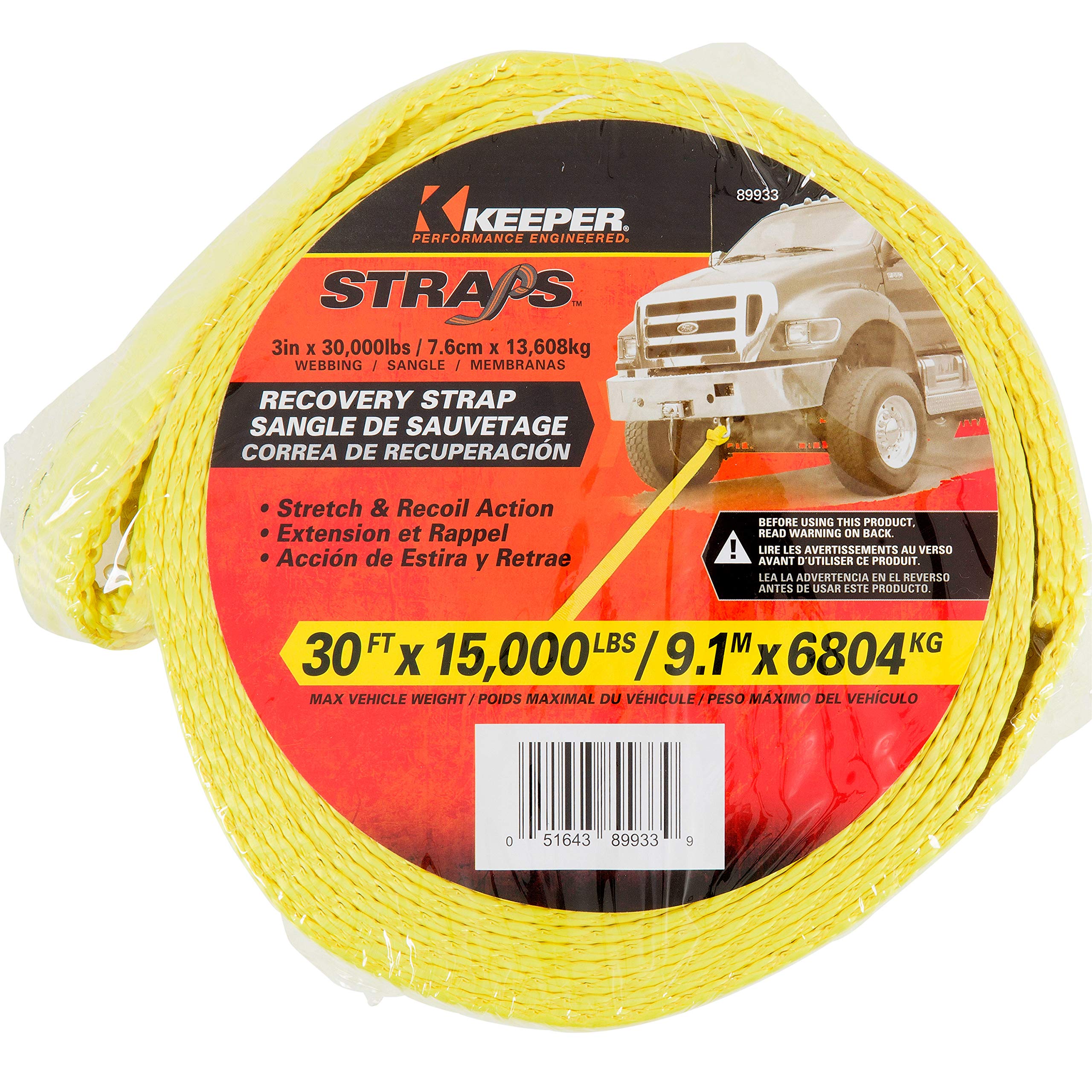 Keeper Tow Straps Heavy Duty With Loops - 3'' X 30' Recovery Strap, 30,000 Lbs Break Strength - Towing Rope For Trucks, Off-Road