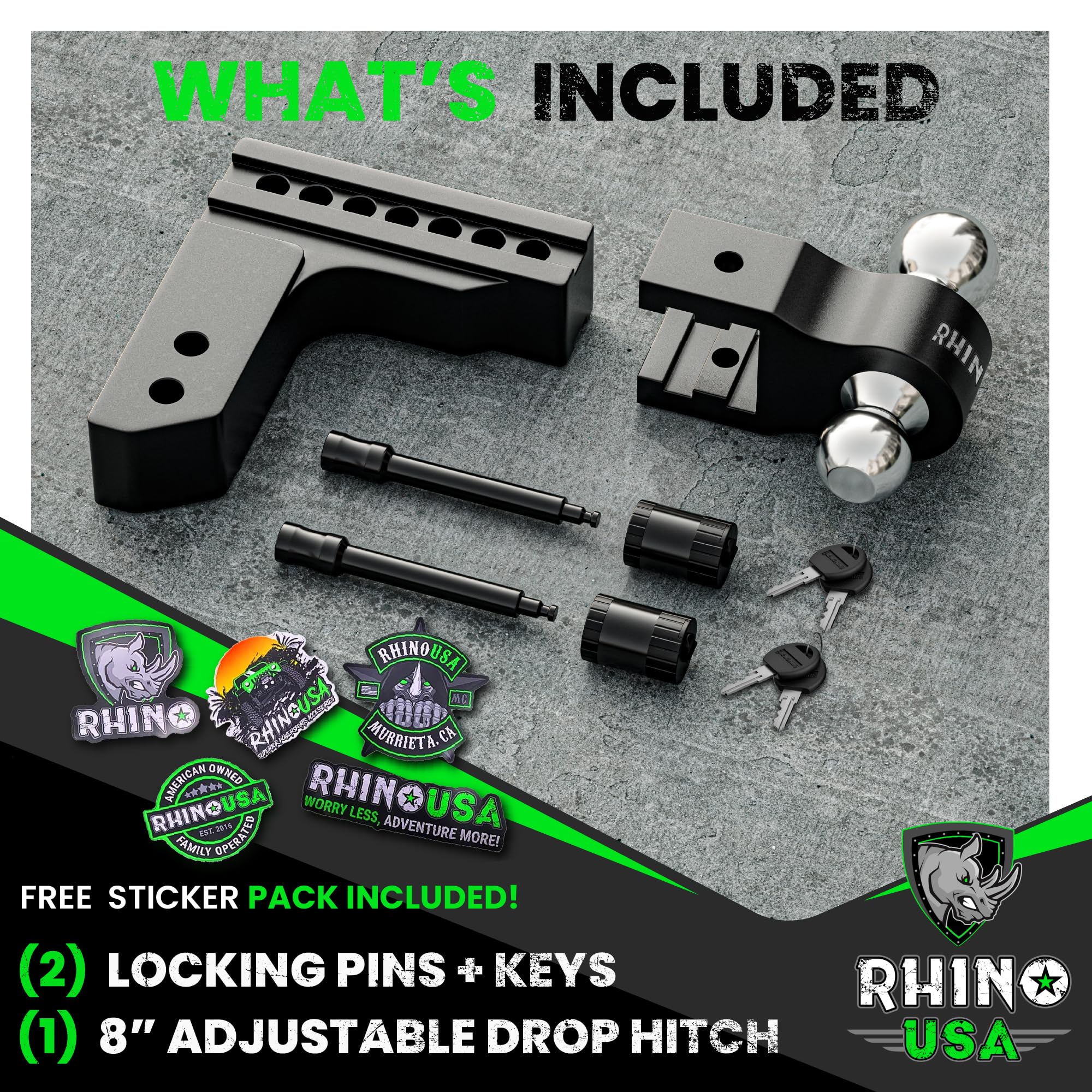 Rhino Usa Adjustable Trailer Hitch (2.5-Inch Receiver) - Heavy Duty Aluminum Tow Hitches With 8-Inch Drop/Rise For Truck (18,500