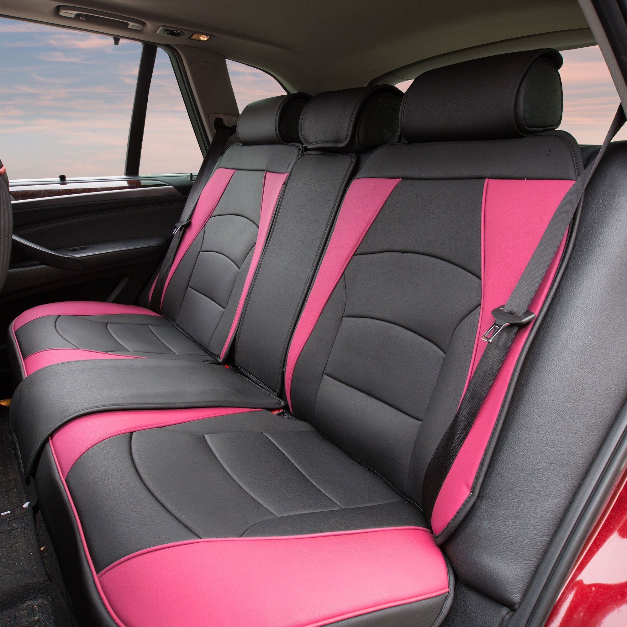 Fh Group Car Seat Cover For Back Seat Pink Black Faux Leather - Universal Fit, Rear Seat Covers For Cars With Rear Split Bench,