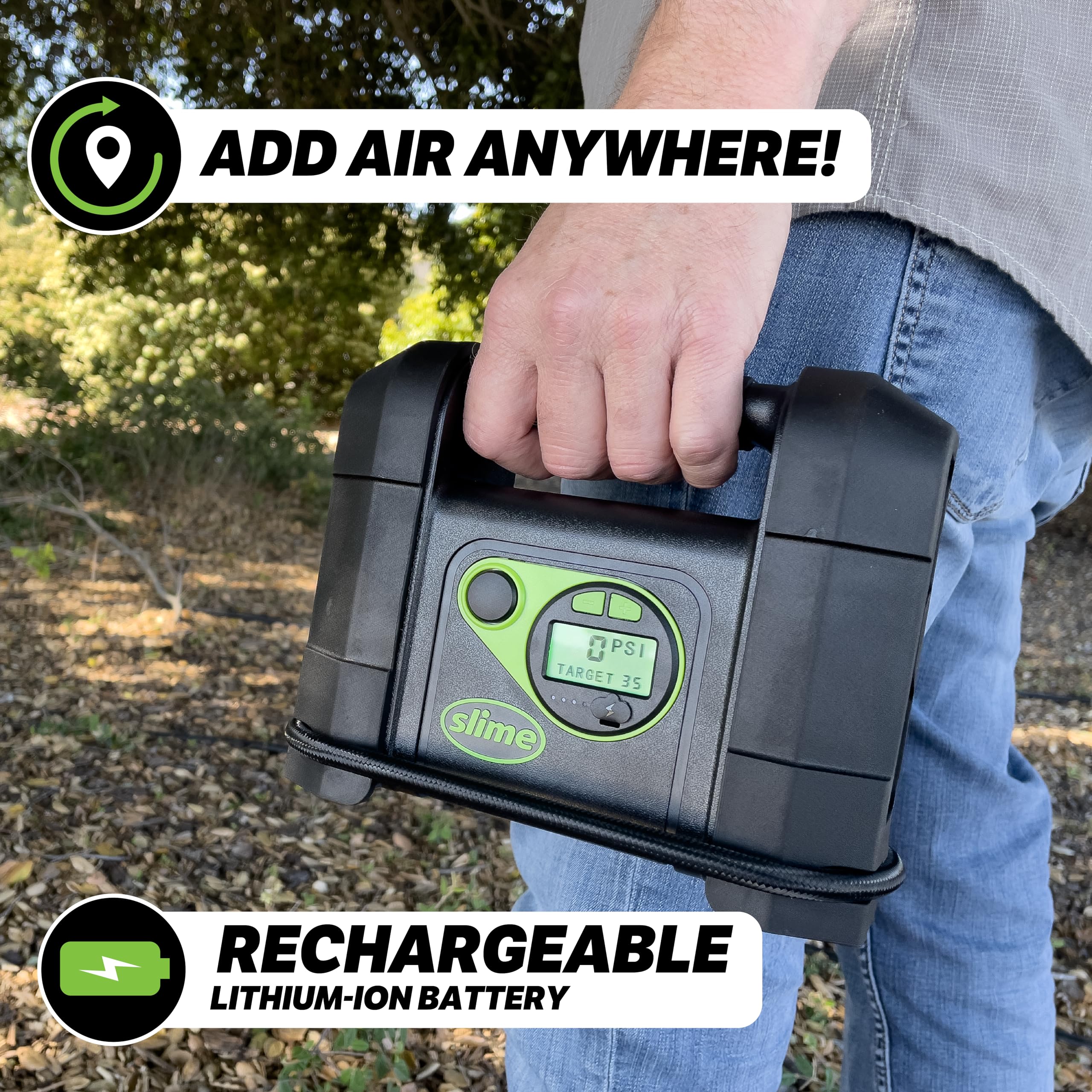 Slime 40080 Cordless Tire Inflator, Rugged Portable Air Compressor Pump with Auto Shut Off, Lithium Ion Battery and LED Light, R
