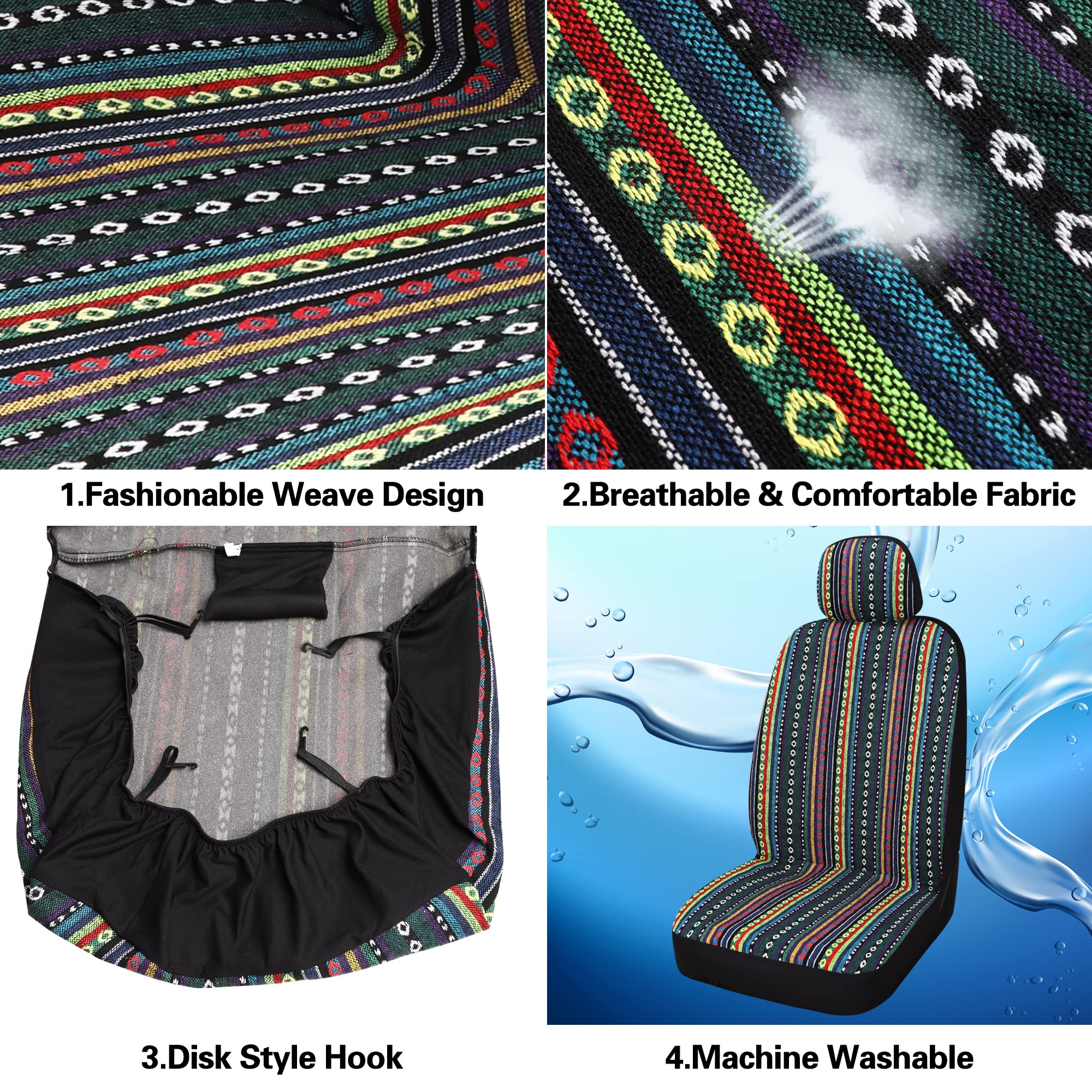 Pariitadin Baja Saddle Blanket Car Seat Covers Full Set With Seat Belt Pads, Washable Breathable Striped Woven Cloth Seat Covers