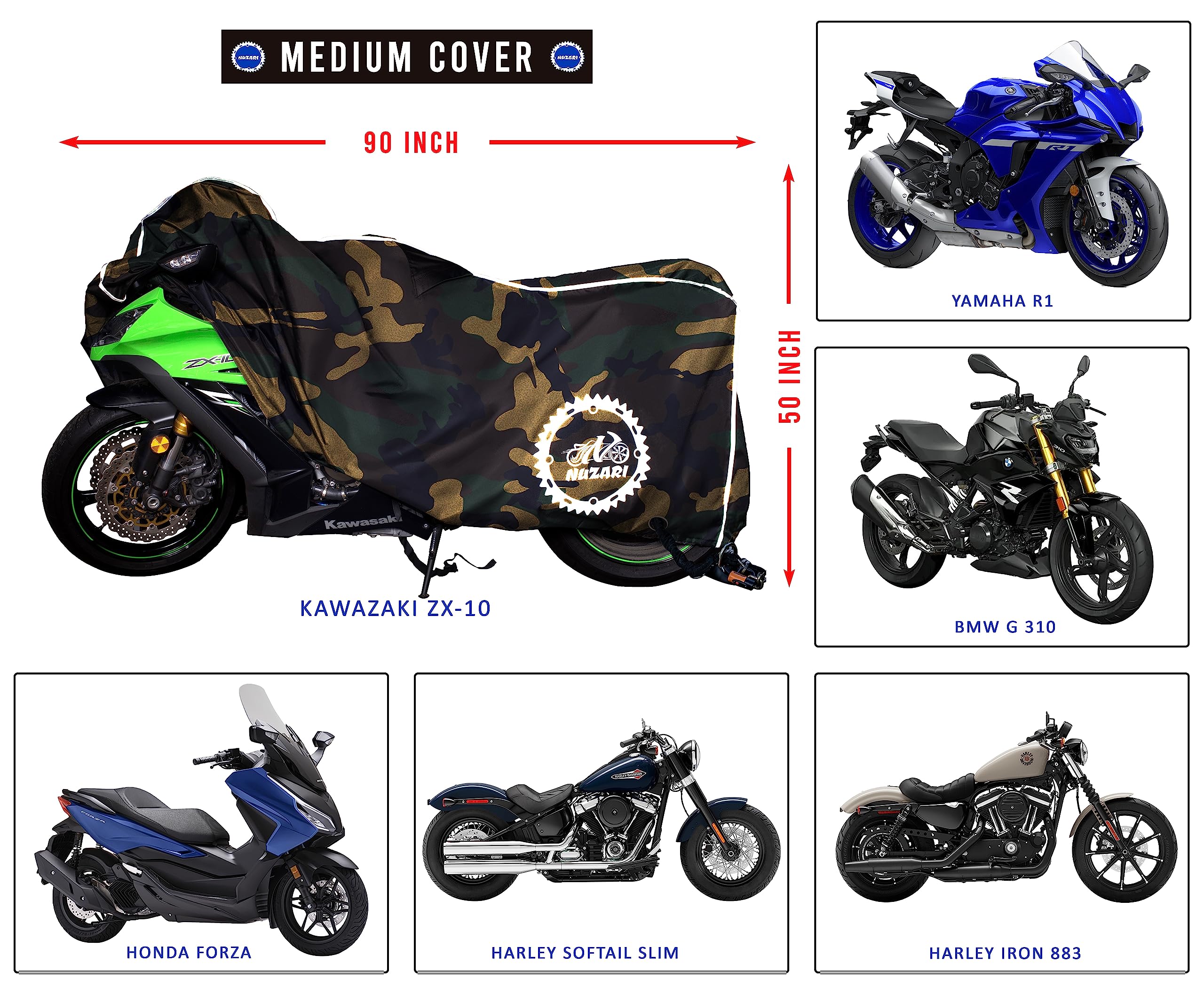 Nuzari Heavy Duty Motorcycle Cover - Outdoor Bike Storage Motorcycle Covers - Motorcycle Cover Waterproof Outdoor - Dirt Bike Covers (Camouflage, Medium)