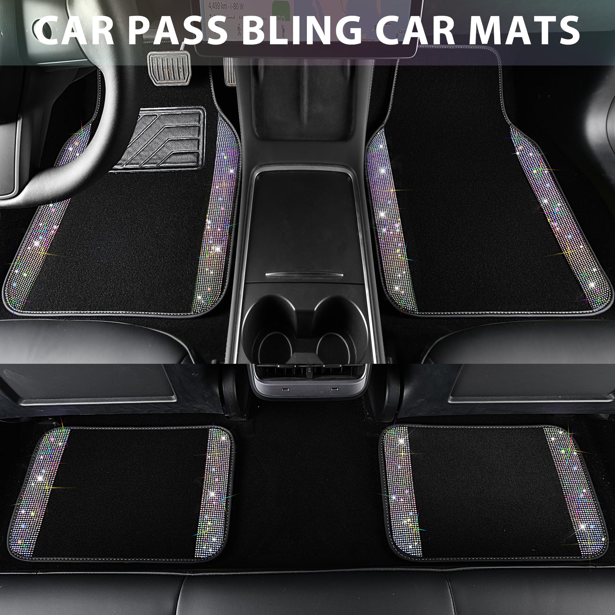 Car Pass Iridescent Bling Rhinestones Diamond Car Floor Mats Waterproof, Anti-Slip Pvc Heel Pad, Universal For Automotive Suv,Sedan,Van,4Pcs Girl Women Lady(Multicolor Colorful Crystal Sparkly Shining