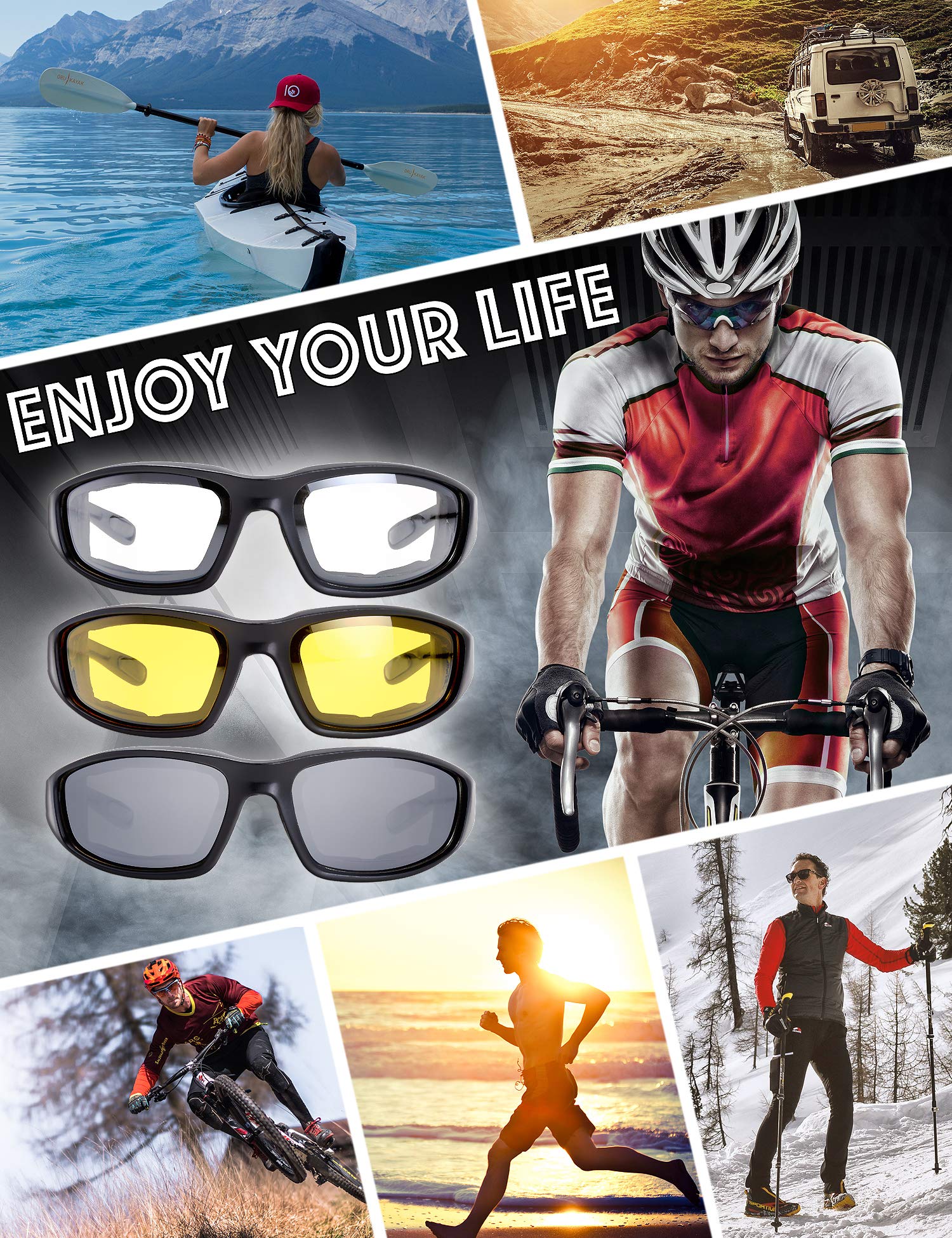 The Fresh Motorcycle Riding Glasses Padded Frame Lens Block 100% Uvb For Outdoor Activity Sport (1405-Matte Black, Clear, Yellow