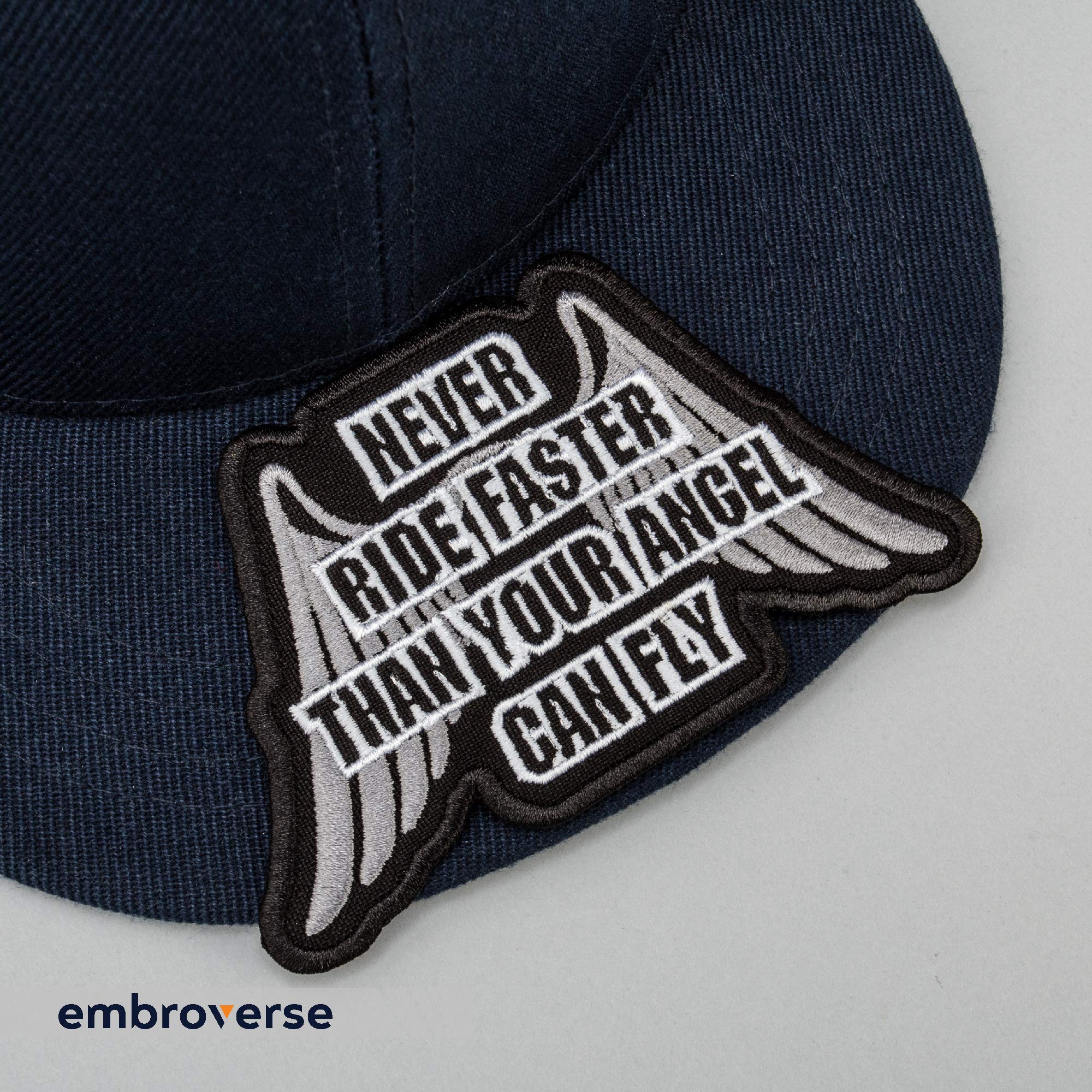 Embroverse Embroidered Motorcycle Jacket Patch, Never Ride Faster Than Your Angel Can Fly, Sew Or Iron On For Backpacks, Saddleb