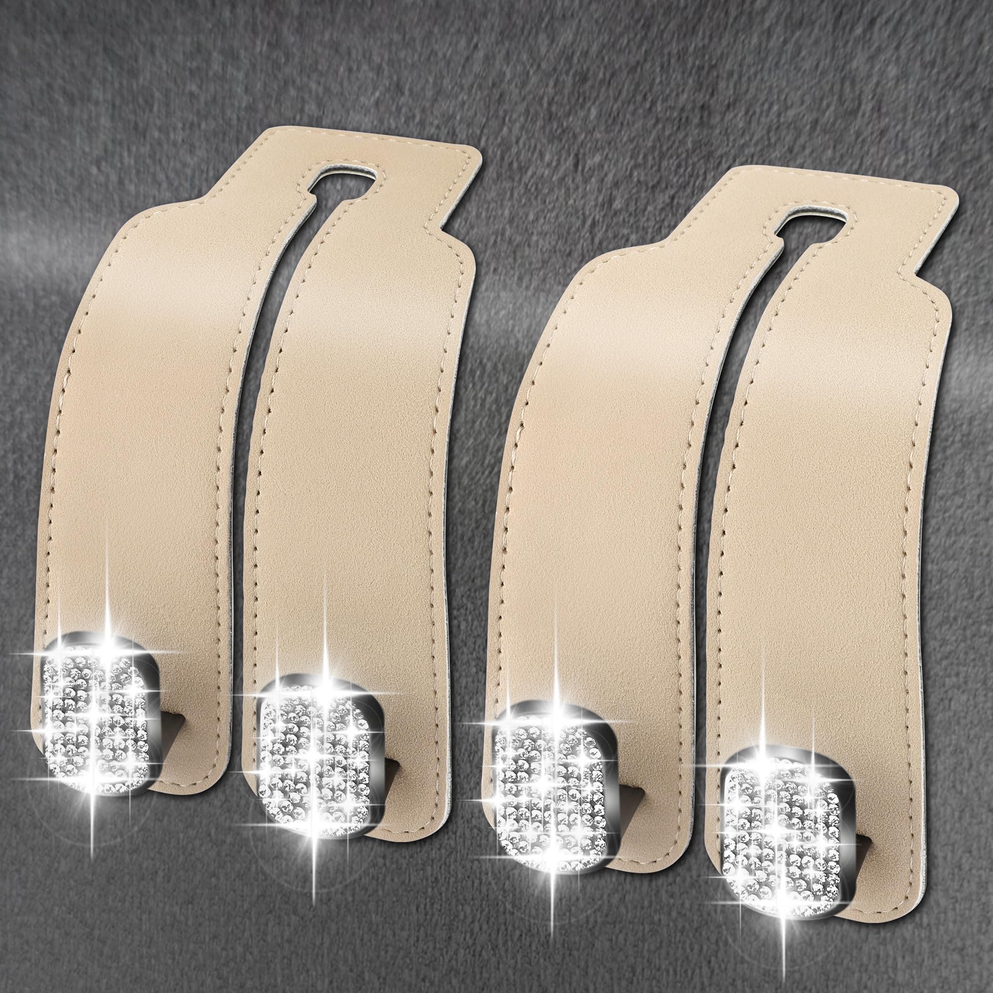 Amelity Headrest Hooks for Car, Bling Car Hooks for Purses and Bags Cute, Car Seat Back Storage (2 Pack, Beige)