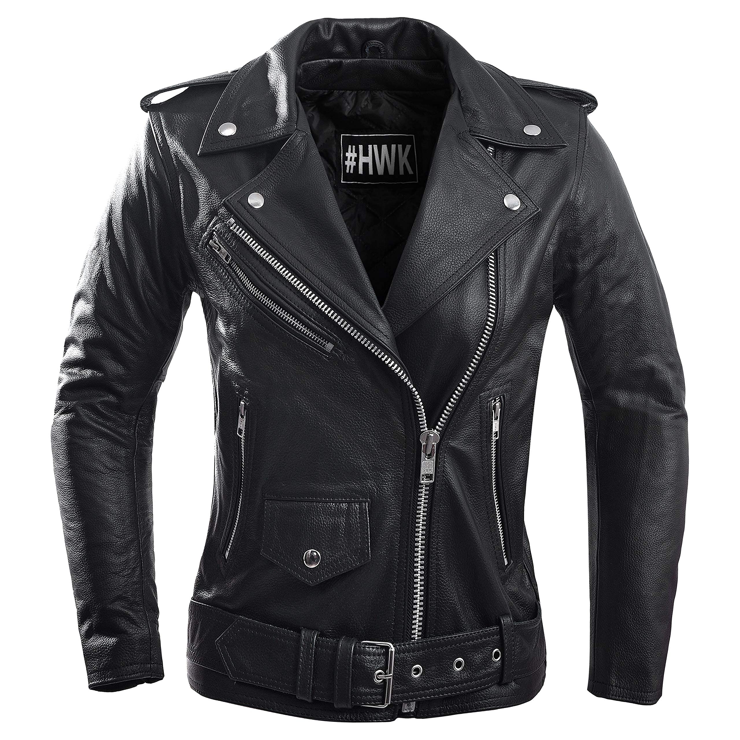 Hwk Brando Women'S Leather Motorcycle Jacket - Durable, Classic Black With Polyester Thermal Lining & Stylish Vintage Design For