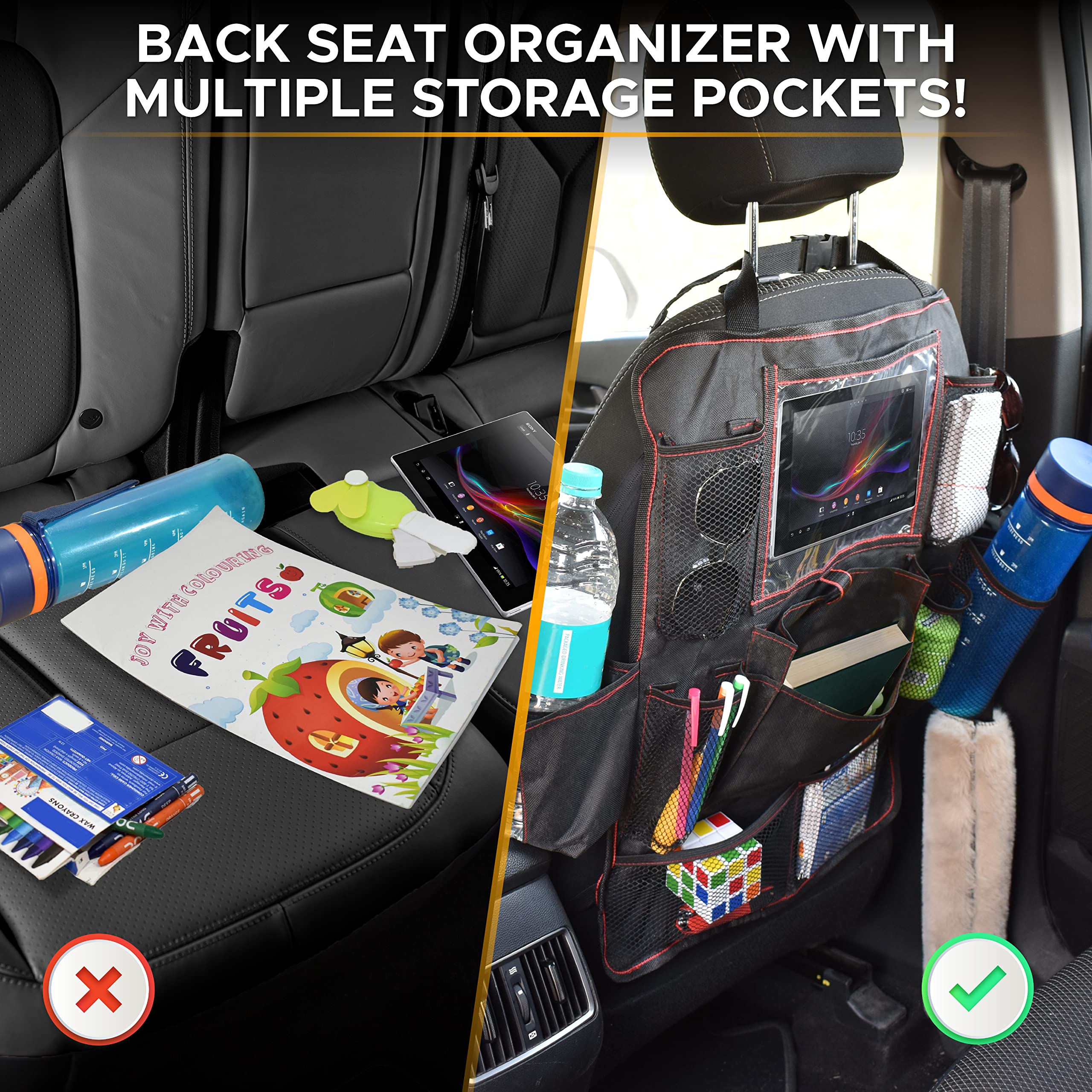 Econour Backseat Car Organizer (2 Pack), Heavy Duty Waterproof Stain Resistant Kick Mats Back Seat Protector For Kids | Multiple