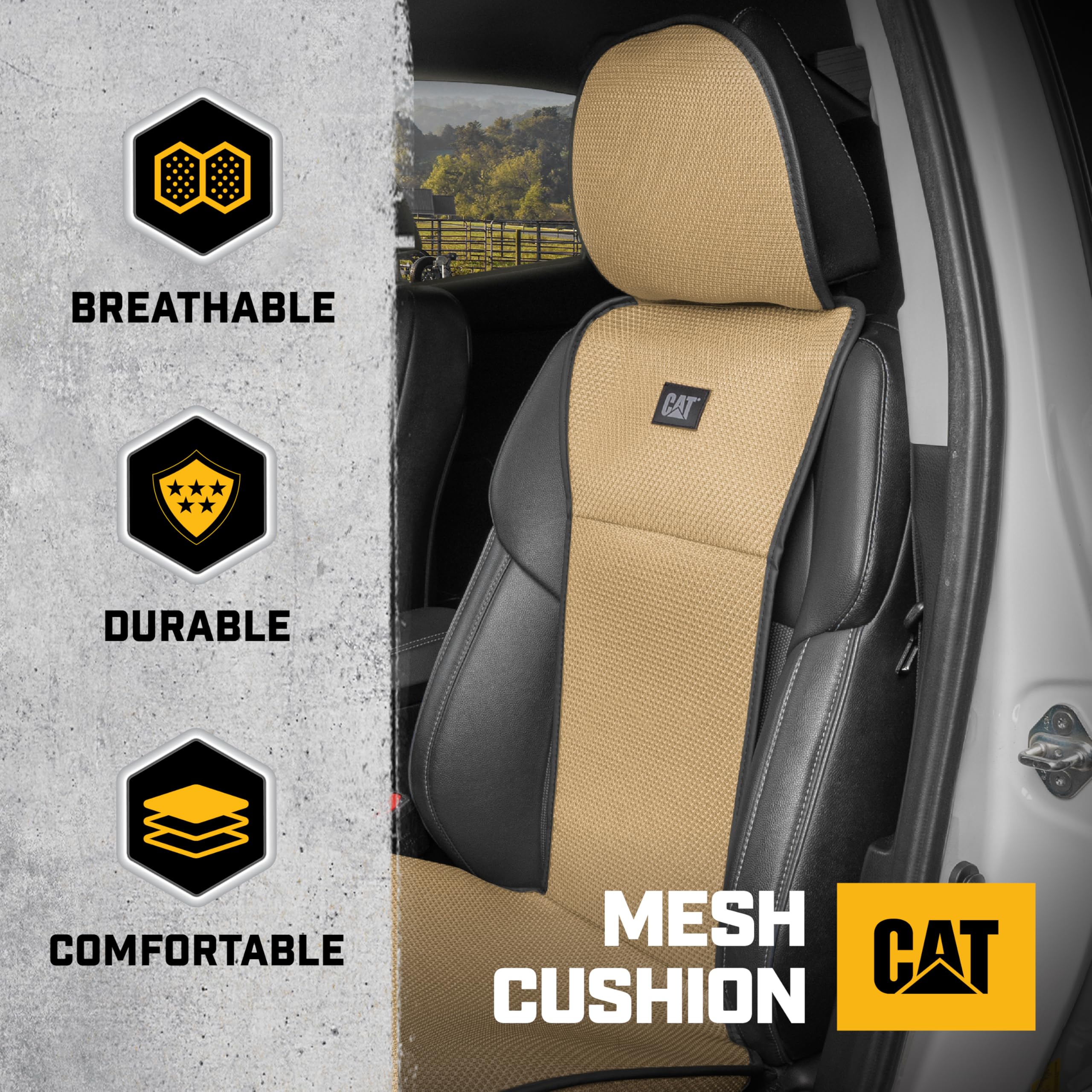 Caterpillar AeroMesh Beige Seat Covers for Trucks, Car, & SUV - (1) Front Truck Seat Cover Protector - Breathable Mesh Universal