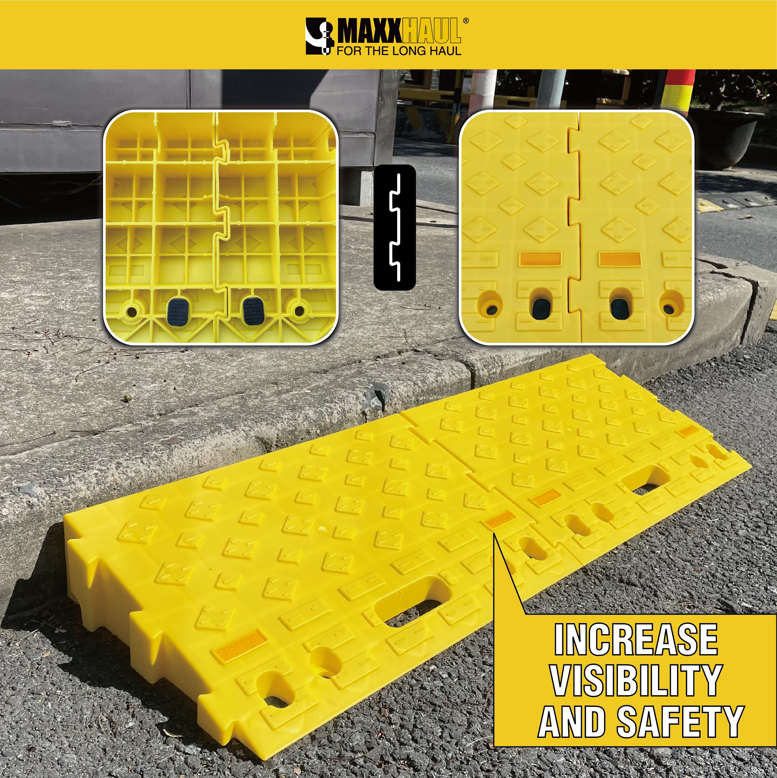 Maxxhaul 50707 Portable Interlocking Plastic Curb Threshold Ramps Set (Yellow) For Loading Dock, Driveway, Sidewalk For Scooter,