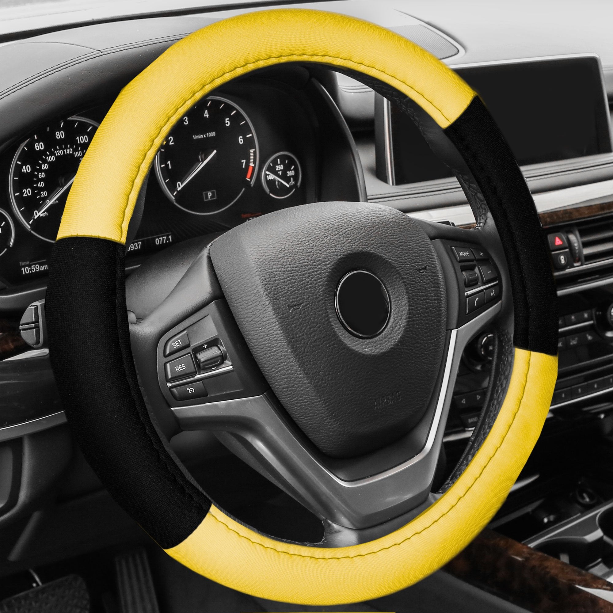 Fh Group Universal Fit Modernistic And Seat Belt Pads Combo Set Steering Wheel Cover Fits Most Cars, Suvs Yellow