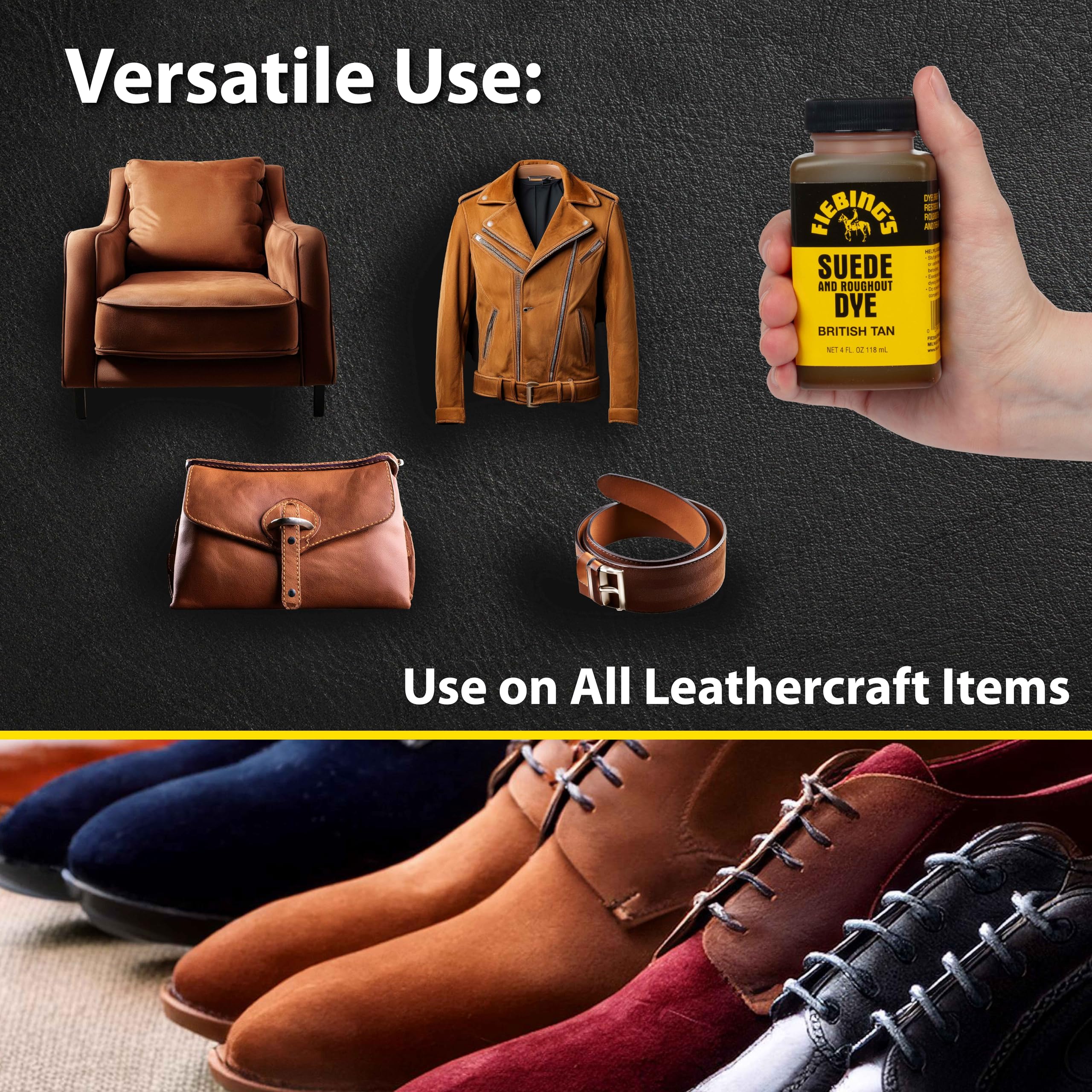 Fiebing's British Tan Suede Dye (4 oz) - Recolor, Brighten & Restore Suede & Roughout Leather Shoes, Furniture, Purse - Includes