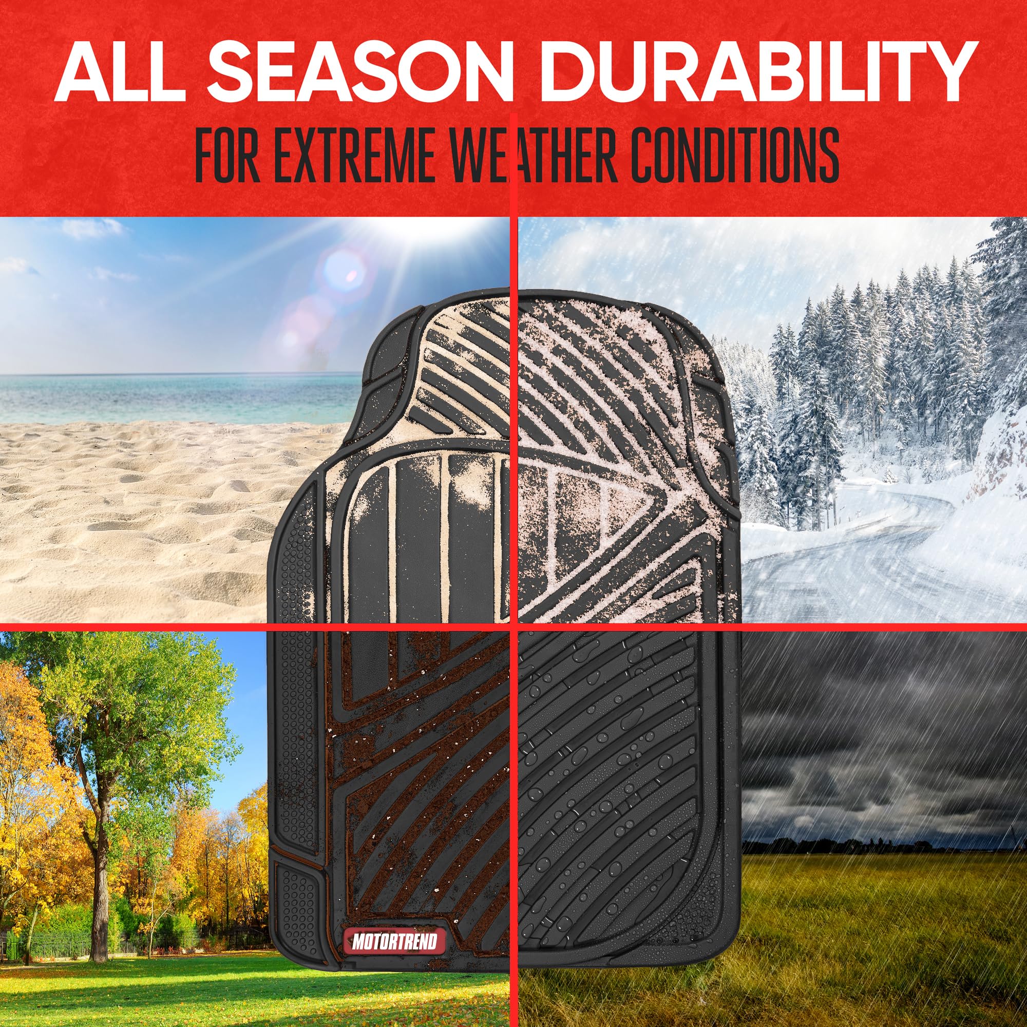 Motor Trend FlexTough Performance All Weather Rubber Car Floor Mats - 3 Piece Floor Mats Automotive Liners for Cars Truck SUV, Heavy-Duty Waterproof (Black)