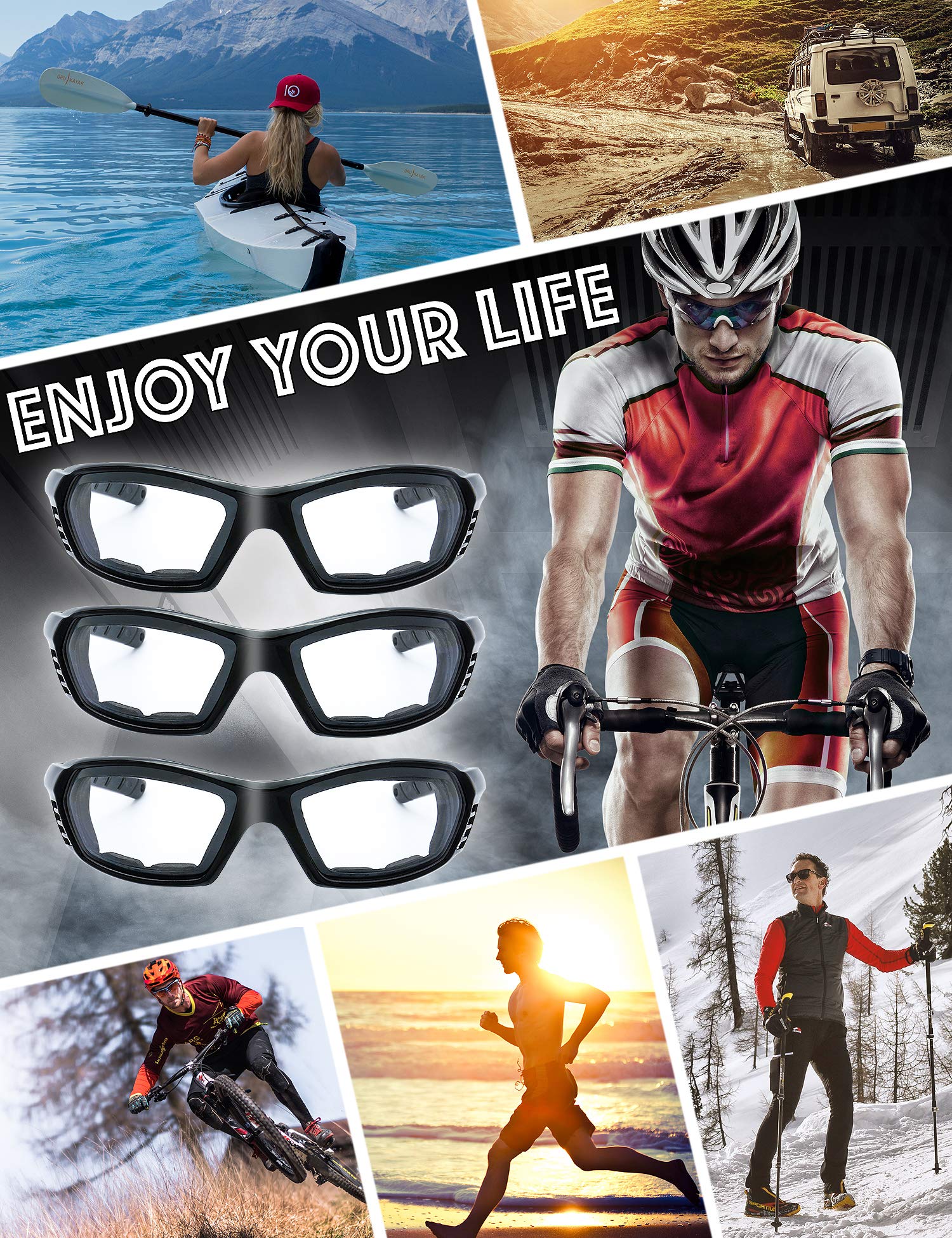 The Fresh Motorcycle Riding Glasses Padded Frame Lens Block 100% Uvb For Outdoor Activity Sport (22-Black, 3 Pairs Of Clear)