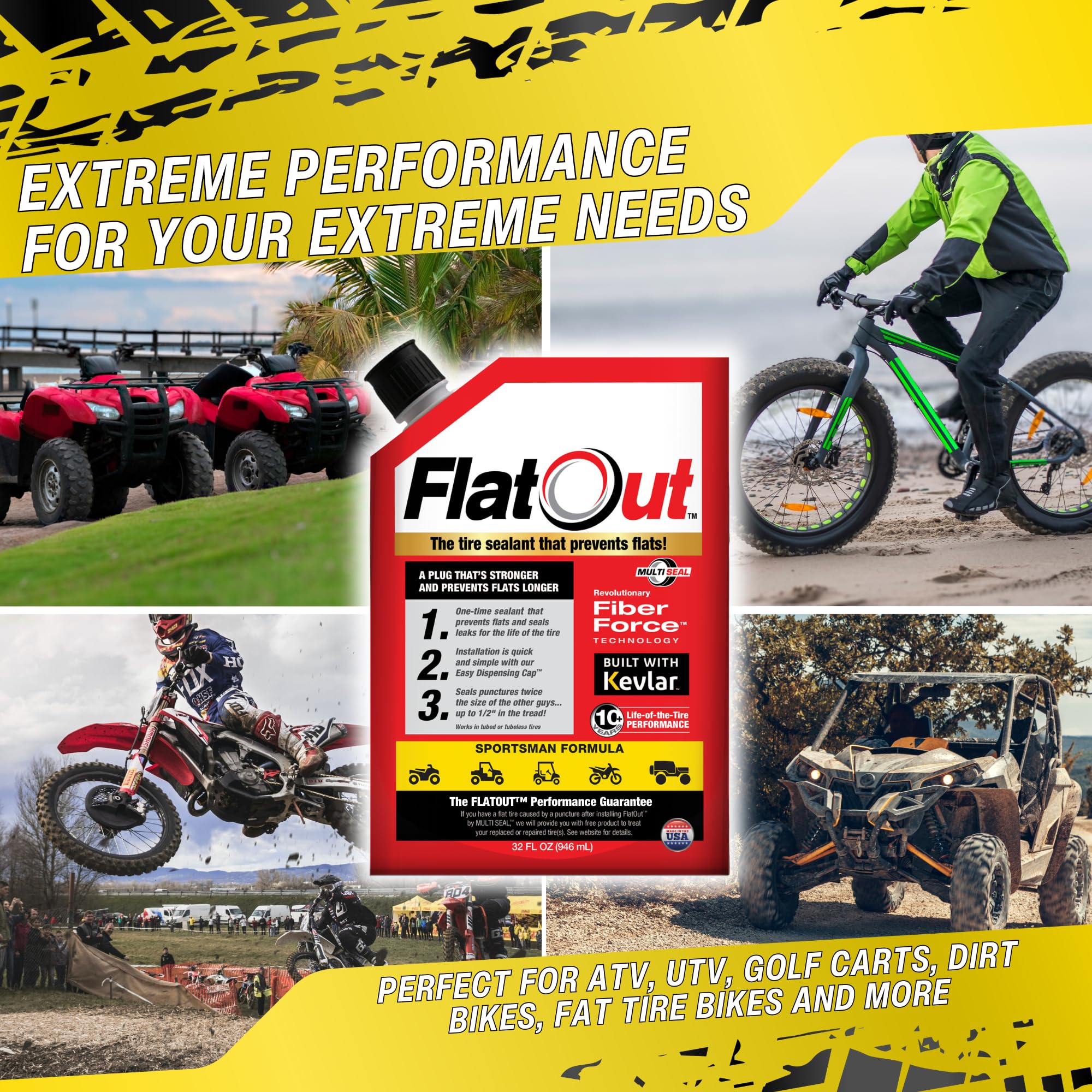 Flatout Sportsman Formula Tire Sealant - Prevents Flat Tires - Fix A Flat Tire - Seals Leaks - Contains Kevlar - Tubeless Tire S