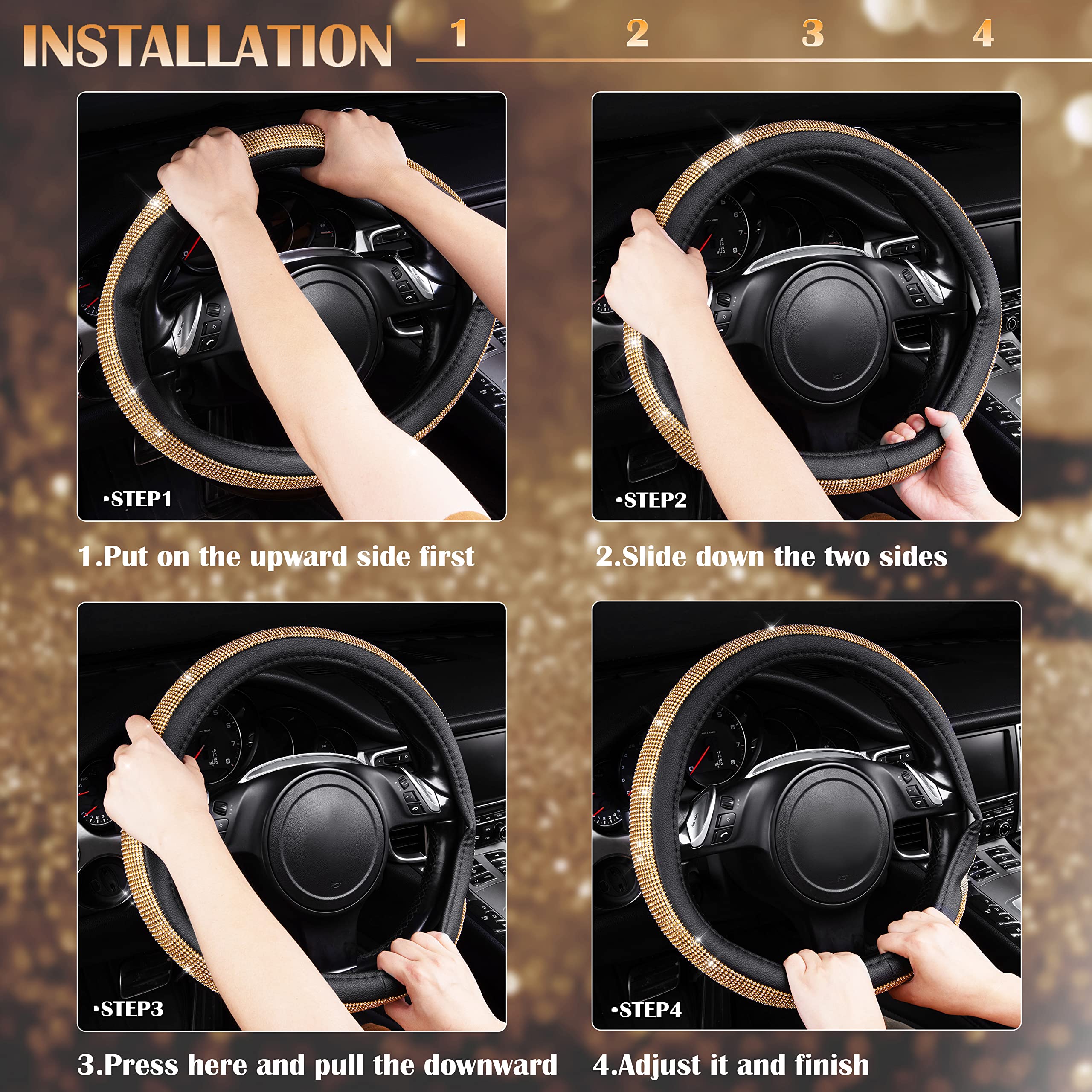 Car Pass Rhinestones Diamond Bling Steering Wheel Cover, Universal Fit For Suv,Vans,Sedan,Car,Truck 14.5-15Inch Universal Fit (G