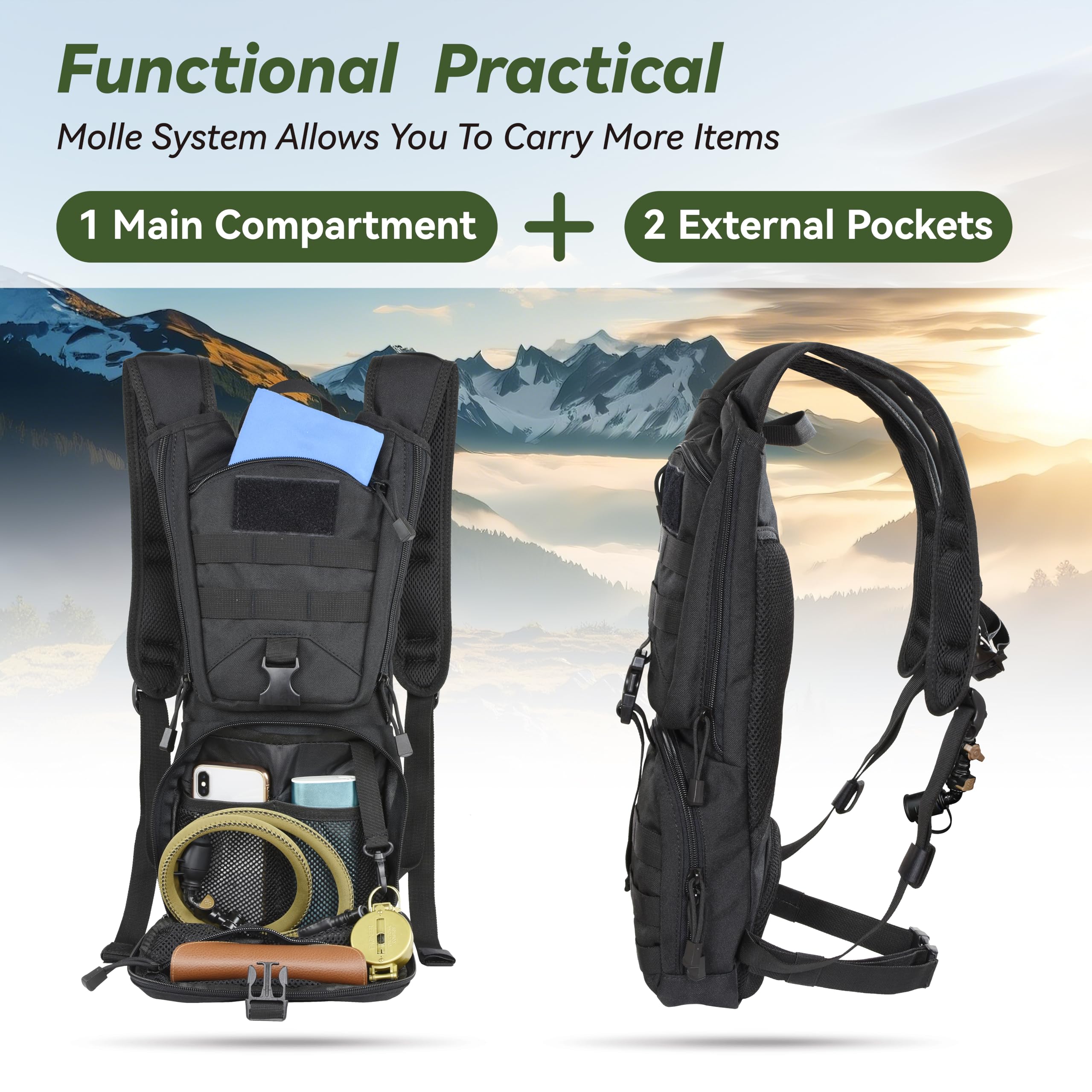 Marchway Tactical Molle Hydration Pack Backpack With 3L Tpu Water Bladder, Military Daypack For Cycling, Hiking, Running, Climbing, Hunting, Biking (Black)