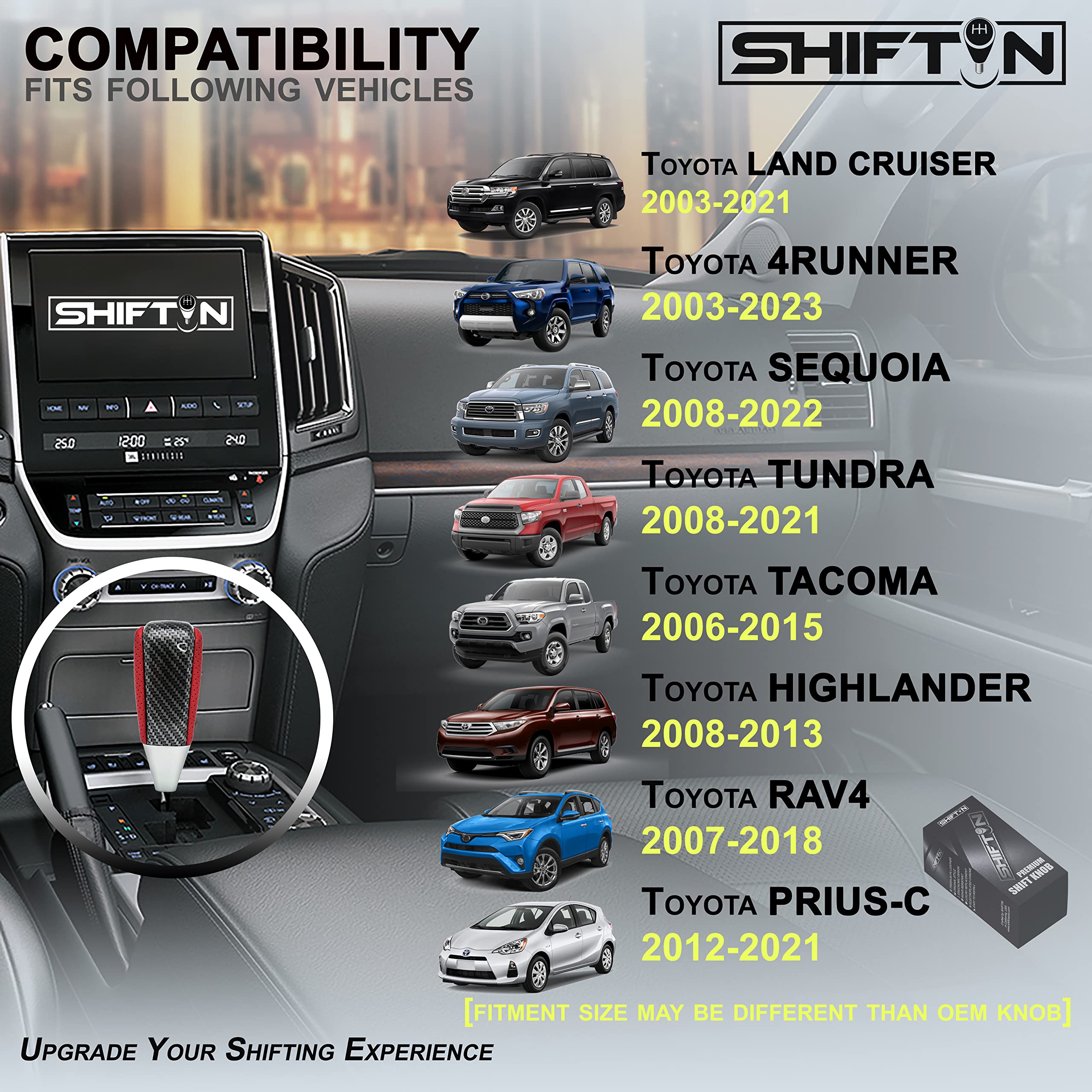 SHIFTIN Leather and Wood Gear Shift Knob for Toyota Land Cruiser 4Runner Sequoia Tundra and Lexus (Red Leather/Carbon Fiber Patt