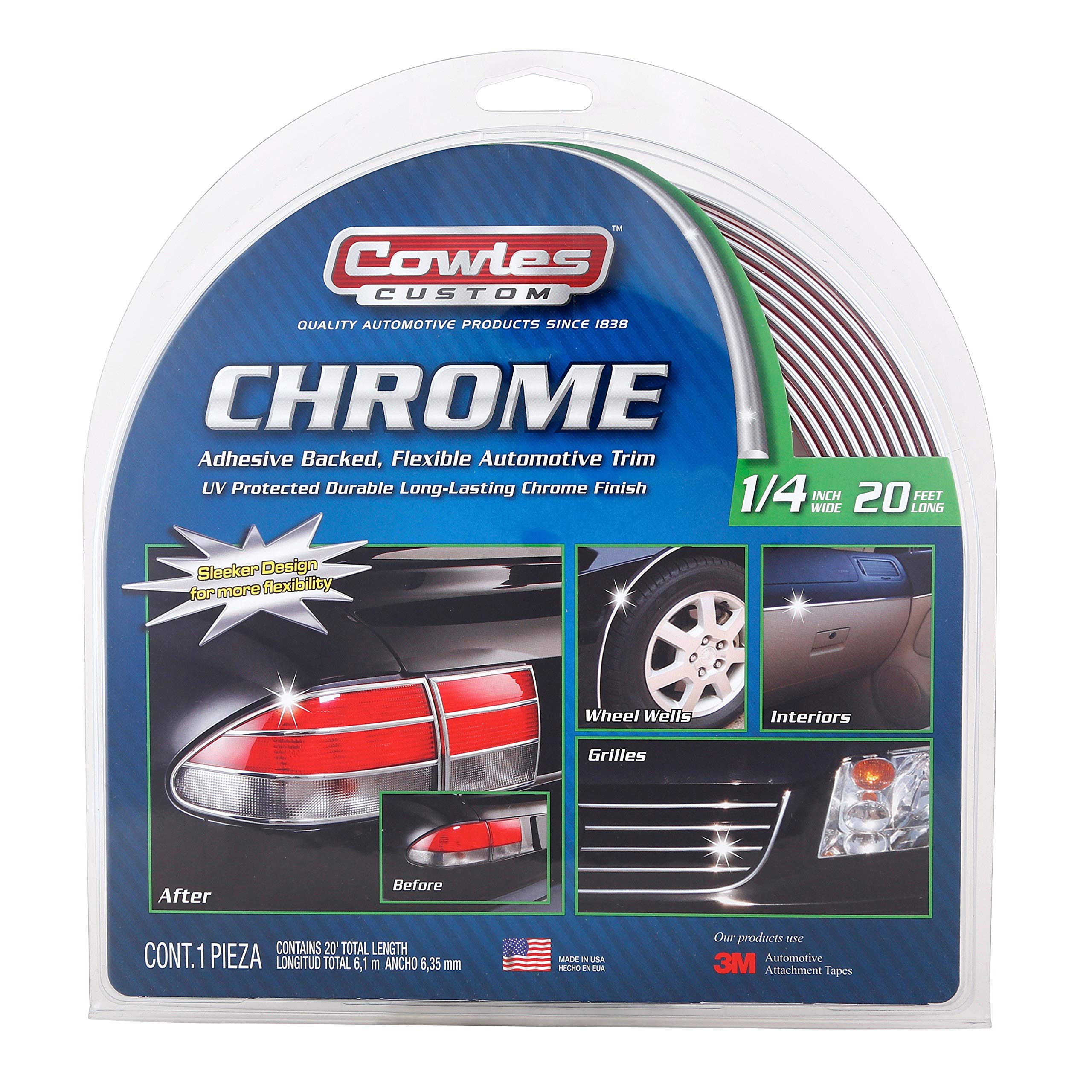 COWLES Custom - Premium Universal Body Molding for All Vehicles - Easy Install, Chrome Finish, 1/4&quot; by 20 feet, UV Protected, Long Lasting Flexible PVC