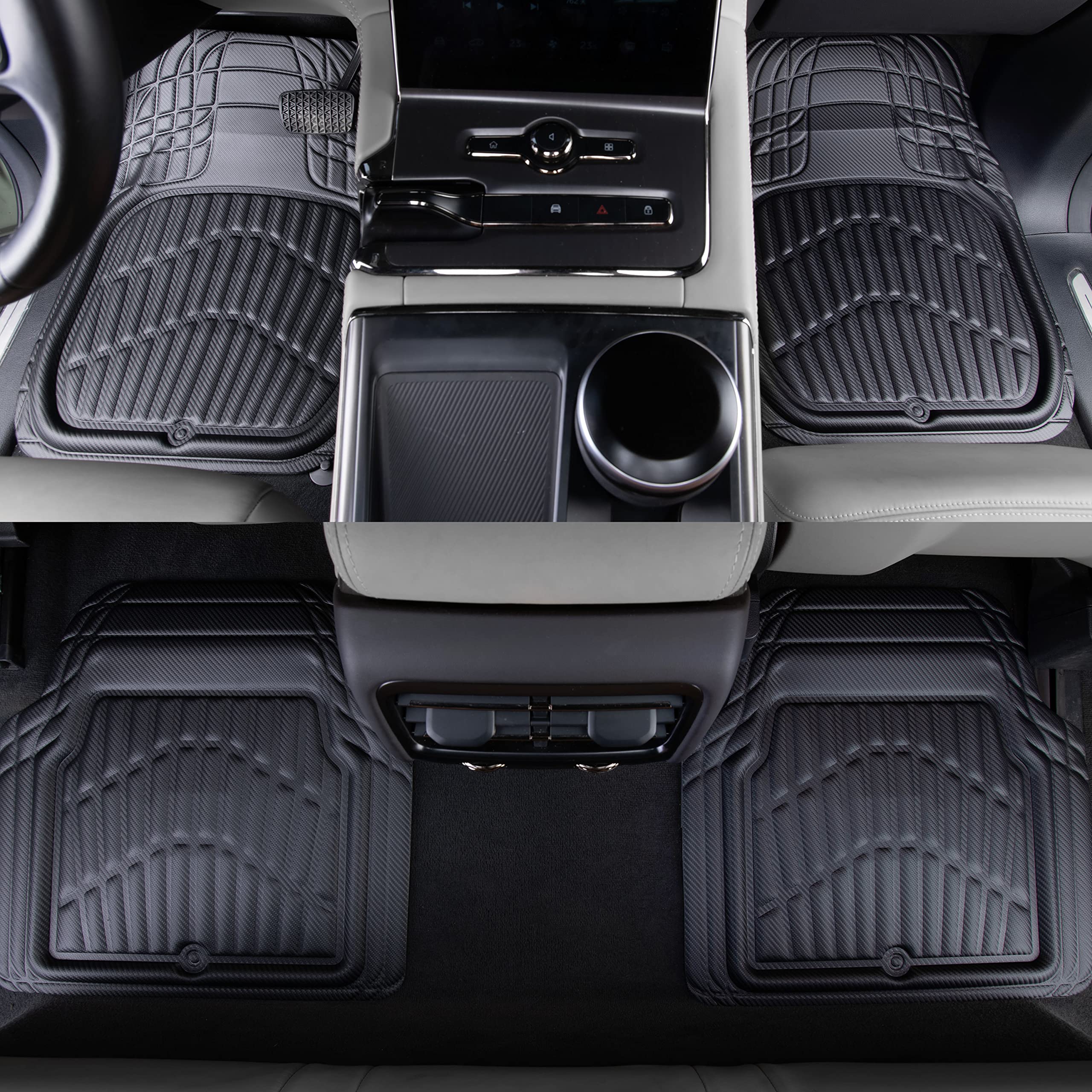 Car Pass Carbon Fiber Leather Car Floor Mats -3D Waterproof All Weather, Universal Trim To Fit & Anti-Slip Burr Bottom Safety &