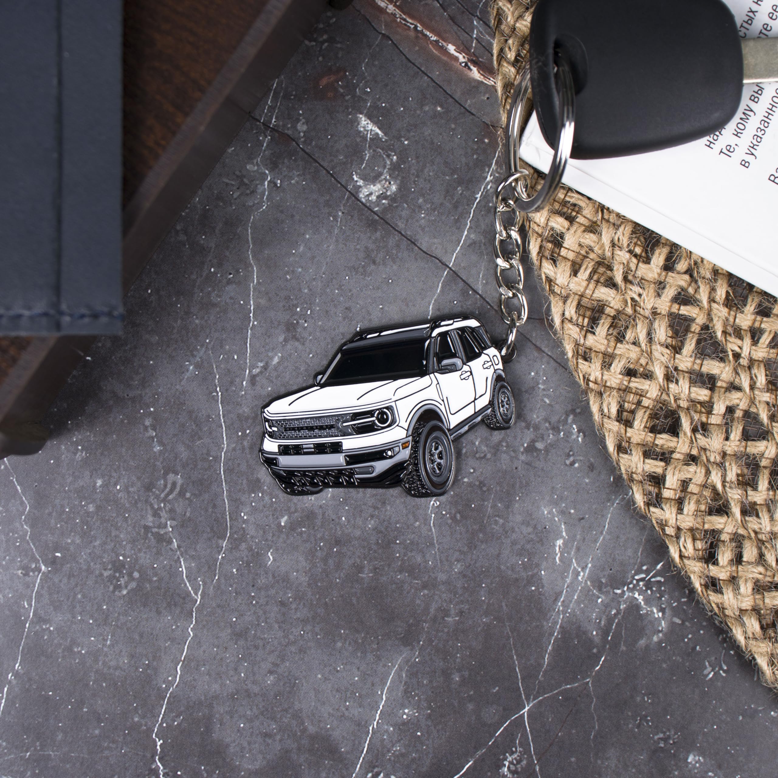 Four Wheel Beast Bronco Sport Keychain Compatible With Ford Bronco Accessories 2023 2024 4 Door Car Key Chain Fob (White)