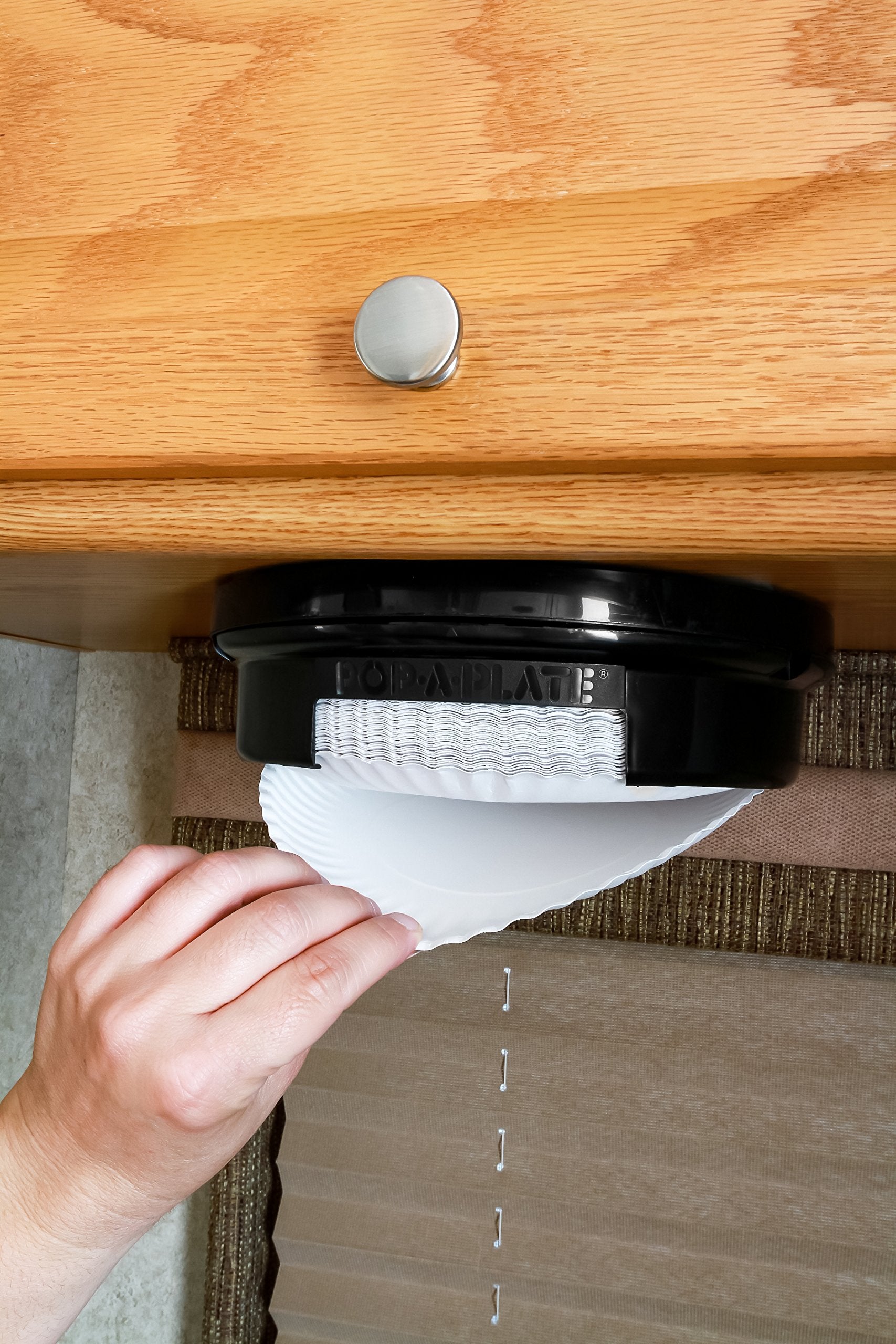 Camco 9-Inch Pop-A-Plate Plastic Plate Dispenser | Ideal For Compact Spaces, Rvs And Trailers | Mounts Under Cabinets Or Shelves